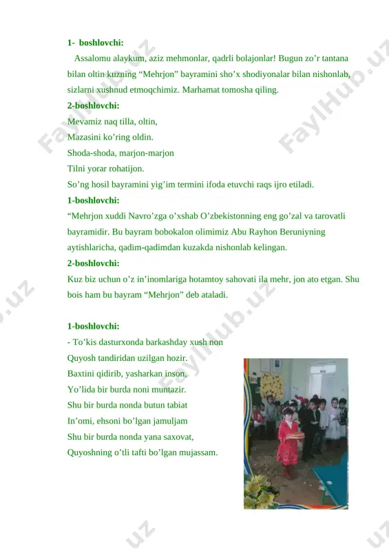 siz biling, sabzilarning bor lafzi. bodring: [image: image3.jpg] meni atashar bodring, paykal oralab kiring. yig’ib bir talayin mehmonlarga keltiring. turp: men bo’lmasam, oshxo’rlar xafa bo’lib qoladi. palov do’stim yuzimdan doim o’pib oladi lavlagi: [image: image4.jpg] lavlagiman, lavlagi yerni asta kavlagin, mo’l bo’libdi hosilim qizil ekanmi rangim?! kuz fasli: bobodehqonning mehnati, momo yerning sahovati bo’lgan kuz ne’matlarini ko’rdik. ularning ta’mini hammangiz bilasiz- mazali, totli, shifobaxsh, to’yimli. demak ularning har biri ming olqishga sazovor. shu vaqt sahnaga chopib shumbola kirib keladi. shumbola: menga kuz kerak, kuz. menga ko’p olma, anorlar, qovun-tarvuzlar kerak. kuzni shu yerda deyishgan edi, - deydi hovliqib. “kuz” javobga hozirlangan chog’ bog’bon yugurib kelib shumbolaga yuzlanadi. bog’bon: ha, ha shumbola, tinchlikmi? shumbola: haligi olma pishibdi. bogbon: mana bu she’rni aytyapsanmi? bir o’quvchi: [image: image5.jpg] bog’ga kirsam olmalar, qip-qizarib pishibdi. silkitibdi shamollar, yerga to’p-to’p tushibdi. havas bilan har birin, olib ko’rdim qo’lomga. oltin kabi tovlanar, ular mening ko’zimga. bog’bon shumbolaga …