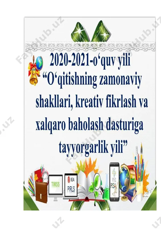zorat ishi 1 9-dars mayda plastika haykaltaroshligi 1 tasviriy san'at (haftasiga 1 soatdan jami 34 soat) vii sinf darslar tartibi mavzu nomi soat rejada amalda uy vazifa i chorak 1-dars tasviriy san’atda oqim va yo‘nalishlar 1 2-dars impressionism uslubida manzara ishlash 1 3-dars puantilizm uslubida manzara ishlash 1 4-dars kubizm uslubida natyurmort ishlash 1 5-dars kubizm uslubida natyurmort ishlash 1 6-dars tasviriy san’atda ramziy belgi va giraldika 1 7-dars nazorat ishi 1 8-dars o‘zbekistonning amaliy bezak san’atida ramziy shakllar 1 9-dars o‘zbekistonning amaliy bezak san’atida ramziy shakllar 1 chizmachilik (haftasiga 1 soatdan jami 34 soat) viii sinf darslar tartibi mavzu nomi soat rejada amalda uy vazifa i chorak 1-dars chizmachilik kursiga kirish 1 2-dars chizmalarni taxt qilish. standart. masshtab 1 3-dars chiziq turlari. o‘lcham qo‘yish qoidalari 1 4-dars chizma shriftlari va ularning o‘lchamlari. 1 5-dars bosh va yozma harflar hamda raqamlarning yozilishi 1 6-dars geometrik yasashlar. turli xil chiziqlar chizish …