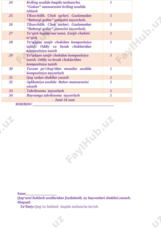 ni hayotda qo‘llay olishni qulay usullarini o‘rganish. ijtimoiy faol fuqarolik kompetensiyasi: o‘quvchilik burchi bilish. milliy va umummadaniy kompetensiya: buyumlarni bezashda milliy naqsh elementlaridan foydalana olish. matematik savodxonlik, fan va texnika yangiliklaridan xabardor bo‘lish hamda foydalanish kompetensiyasi: texnologik xaritalarni o‘qiy olish, chizmalarni daftarga ko‘chirib chiza olish. o’tish usuli: tushuntirish , suhbat, ko’rsatmalilik, amaliy. dars jihozi:rangli qog’oz,qaychi,yelim,albom varog’i.tayyor yasalgan ish namunalari darsning borishi: i. darsni tashkil qilish. 1. salomlashish. 2. davomatni aniqlash. 3. o’quvchilarni darsga tayyorlash. darsning borishi: ii. uy vazifani tekshirish: oldingi mavzu yuzasidan savol –javob o’tkazaman. iii. yangi mavzu bayoni qog‘ozni buklash usullari origami – qog‘ozdan buklash yo‘li bilan turli shakllar yasash san’ati. yasalgan shakllarni o‘z o‘rniga joylashtirish orqali har xil ko‘rinishlarni hosil qilish mumkin. buning uchun max sus belgilarni bilib olishingiz lozim. ushbu belgilar bi lan tanishing, eslab qoling hamda yasashga hara kat qiling. [image: ] [image: ] [image: ][image: ][image: ] iv. darsni mustahkamlash: 1.yasab bo’lgan o’quvchilar ishini …