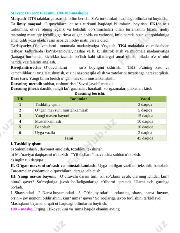 antiruvchi: o’quvchilarni so’z boyligini oshirish. tk3 o‘zining xato va kamchiliklarini to‘g‘ri tushunish, o‘zini nazorat qila olish va xatolarini tuzatishga harakat qilish. dars turi: yangi bilim berish o’tgan mavzuni mustahkamlash.. darsning metodi: suhbat, tushuntirish,”savol-javob” metodi. darsning jihozi: darslik, rangli ko‘rgazmalar, harakatli ko‘rgazmalar, plakatlar, kitob darsning borishi: t/r bo‘limlar vaqti 1 tashkiliy qism 3 daqiqa 2 o`tgan mavzuni mustahkamlash 5 daqiqa 3 yangi mavzu bayoni 15 daqiqa 4 mustahkamlash 10 daqiqa 5 baholash 10 daqiqa 6 uyga vazifa 2 daqiqa jami 45 daqiqa i. tashkiliy qism: a) salomlashish , davomot aniqlash, tozalikni tekshirish. b) ma’naviyat daqiqasini o’tkazish “yil fasllari ” mavzusida suhbat o’tkazish. c) ingliz tili daqiqasi; ii. o’tgan mavzuni so’rash va mustahkamlash: uyga berilgan vazifani tekshirib baholash. tarqatmalar yordamida o‘quvchilarni darsga jalb etish. iii. yangi mavzu bayoni: o’qituvchi darsni turli xil so’zlarni aytib, ularning ichidan kim? nima? qayer? so’roqlariga javob bo’ladiganlariga e’tiborni qaratadi. ularni uch guruhga bo’ladi. 1. shaxs otlari 2. …