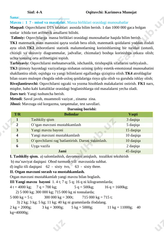 t = 580q. tonnalarda ifodalang: 58 q = 5 t 8 q, 98 q = 9 t 8 q, 500 q = 50 t , 590 q = 59 t, 10 q = 1 t. 7. ushbu retsept asosida salatga necha gramm sabzavot ishlatilishini toping. baliq go�shti � 200 g; kartoshka � 300 g; sabzi � 200 g; piyoz � 100 g; qattiq pishloq � 150 g; mayonez � 250 g; tuxum � 4 dona; yechish: 300 + 200 + 100 = 600 javob: 600 g sabzavot ishlatilgan. o�tibdo� ________ ____________________ sinf: 4-a o�qituvchi: karimova munojat sana:__________________________ mavzu : 1� 7 - misol va masalalar. massa birliklari orasidagi munosabatlar maqsad: o�quvchilarni dts talablari asosida bilim berish. 1 dan 1000 000 gaca bo�lgan sonlar ichida to�rt arifmetik amallarni bilishi. ta�limiy: o�quvchilarga massa birliklari orasidagi munosabatlar haqida bilim berish. tk1 matematik matn ma�nosini qayta so�zlab bera olish, matematik qoidalarni yoddan ifodali ayta …