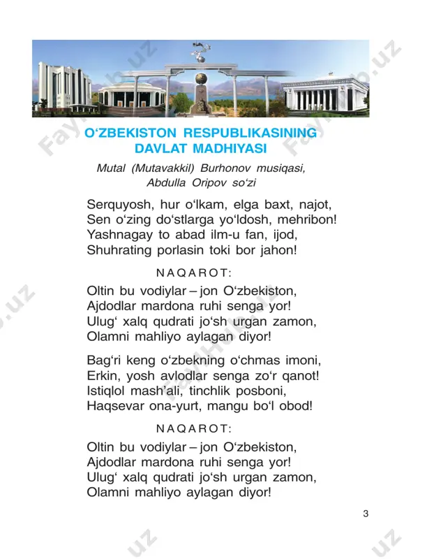 si“dan) sharqiy – âîñòî÷íûé qazilmalar – èñêîïàåìûå janubi sharq – þãî- qo‘rg‘oshin – ñâèíåö âîñòîê qism – ÷àñòü g‘arbiy – çàïàäíûé mis – ìåäü shimoli g‘arb –ñåâå- daryo – ðåêà ðî-çàïàä cho‘l – ïóñòûíÿ keng – øèðîêèé oltin – çîëîòî o‘rmon – ëåñ quyoshli – ñîëíå÷íûé sahro – ñòåïü ko‘p millatli – ìíîãîíà- rux – öèíê öèîíàëüíûé 1. matn mazmunini so‘zlab bering. 2. ajratib ko‘rsatilgan so‘zlar ishtirokida gaplar tuzing. 3. o‘z shahringiz haqida so‘zlab bering. lug‘at 8 1- mashq. so‘zlarni o‘z o‘rniga qo‘yib, gaplarni to‘g‘ri tuzishga harakat qiling. vatanimizning, bir, har birimiz, zarrachasimiz. o‘zbekiston, vatanimiz, bizning. yerlari, o‘zbekiston, qazilmalarga, turli, boy, foydali. vatanimiz, mashhur paxtasi, bilan, o‘zining, pillasi. ko‘p millatli, aholisi, vatanimiz. 2- topshiriq. matnni o‘qing, mazmunini so‘zlab bering. ajratib ko‘rsatilgan so‘zlarni ona tilingizga tarjima qiling. vatan nima o‘zi? donishmandlarning biri: „vatan – bu sening kindik qoning tomgan tuproq,“ – desa, ikkinchisi: „sen sevgan odamlar manzili,“ – deydi. inson uchun …