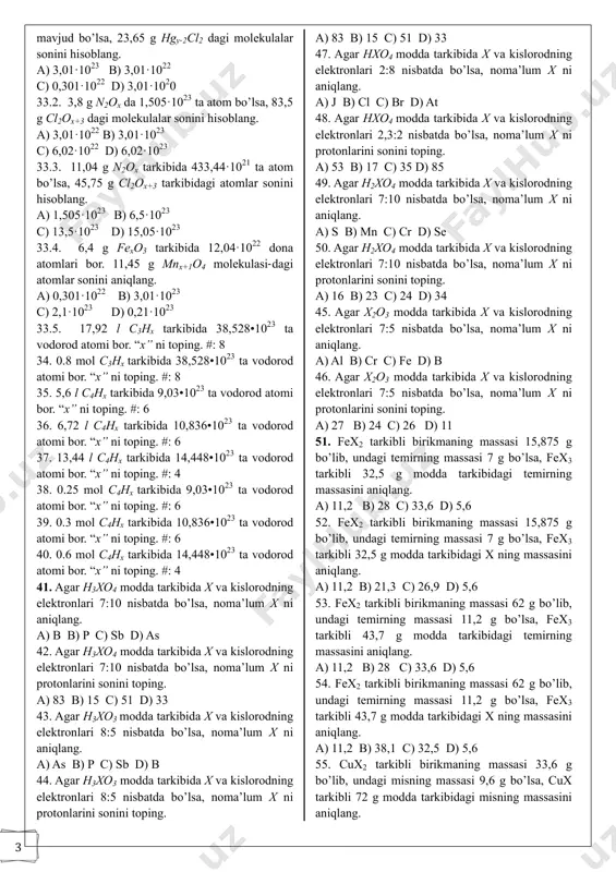 g. a) 1,505·10 23 b) 6,5·10 23 c) 13,5·10 23 d) 15,05·10 23 33.4. 6,4 g fexo3 tarkibida 12,04·10 22 dona atomlari bor. 11,45 g mnx+1o4 molekulasi-dagi atomlar sonini aniqlang. a) 0,301·10 22 b) 3,01·10 23 c) 2,1·10 23 d) 0,21·10 23 33.5. 17,92 l c3hx tarkibida 38,528•10 23 ta vodorod atomi bor. “x” ni toping. #: 8 34. 0.8 mol c3hx tarkibida 38,528•10 23 ta vodorod atomi bor. “x” ni toping. #: 8 35. 5,6 l c4hx tarkibida 9,03•10 23 ta vodorod atomi bor. “x” ni toping. #: 6 36. 6,72 l c4hx tarkibida 10,836•10 23 ta vodorod atomi bor. “x” ni toping. #: 6 37. 13,44 l c4hx tarkibida 14,448•10 23 ta vodorod atomi bor. “x” ni toping. #: 4 38. 0.25 mol c4hx tarkibida 9,03•10 23 ta vodorod atomi bor. “x” ni toping. #: 6 39. 0.3 mol c4hx tarkibida 10,836•10 23 ta vodorod atomi bor. “x” …