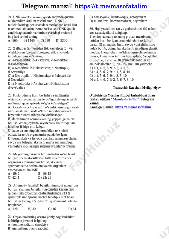 aklari bilan tuzilishi o‘xshash; 5) qo‘l suyaklari ichida birinchi suyakka aylanadi. a) 2, 4, 5 b) 3, 5 c) 1, 3, 4 d) 1, 2, 5 13. qizamiq, suvchechak, quloqning yiringli yallig‘lanishi kabi xastaliklar oqibatida kelib chiqadigan nerv kasalligi qaysi? a) ensefalit b) ganglionit c) menengit d) miyelit 14. bola bir yoshdan ikki yoshga kirguncha chiqadigan tishlar soni katta yoshli sog‘lom odamning qaysi tishlar soniga teng. a) qoziq tishlar va aql tishlar b) qoziq tishlar va katta oziq tishlar c) kurak tishlar va katta oziq tishlar d) aql tishlar va kichik oziq tishlar 15. nerv tugunining kasalligi quyidagi qaysilarning asorati tufayli kelib chiqadi? 1) ichburug‘; 2) qizamiq; 3) ichterlama; 4) gripp; 5) shamollash; 6) quloqning yiringli kasalliklari; 7) zotiljam; 8) suvchechak. a) 2, 4, 5, 7 b) 1, 3, 5, 7 c) 2, 4, 6, 8 d) 1, 2, 3, 8 16. odam ko‘z soqqasining ichida qaysi muskullar joylashgan? 1) …