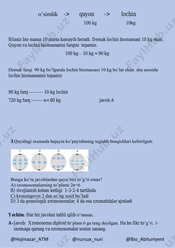 ularni sonini topamiz aabb x aabb f1 1aa 1bb 2aa 2bb 1aa 1bb 2 x 1 = 2 ta aabb 1 x 2 = 2 ta aabb jami 4 ta 1 x 2 = 2 ta aabb 2 x 1 = 2 ta aabb jami 4 ta demak nisbati 4:4 ekan @hojinazar_atm @nursux_nuri @bio_abituriyent 5. hayvon hujayrasida kislorodli muhitda 155 molekula co2 hosil bo`ldi. bunda necha molekula kislorod (a), glyukoza (b) parchalandi, necha molekula atf (c) hosil bo`ldi. a a-155 b-25.8 c-980.4 b a-25.8 b-154.8 c-980.4 c a-6 b-12 c-38 d a-155 b-28.5 c-980.4 yechim: glukoza parchalanishini qisqacha ifodaladim. demak 1 mol glukoz parchalanishi uchun 6 mol kislorod kerak. va natijada 6 mol co2 va 38 ta atf hosil bo’ladi. shundan foydalanib proporsiya tuzamiz. 6 mol co2 ------1 mol glu -------6 mol o2 --------38 ta atf 155 l co2-----x= 25,8 mol --------x= 155 mol ------x= 980,4 ta 1 mol glukoz …