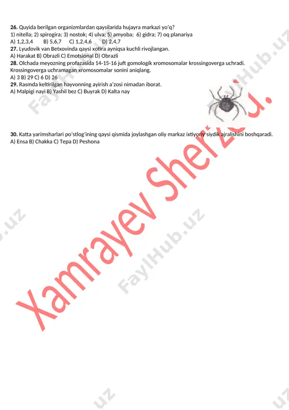 arga o’xshamagan tovuqlar orasida nechtasi gomozigotali gulsimon bo’ladi? a) 1 b) 2 c) 3 d) 7 16. janubiy-g’arbiy osiyo markazi qayerlarni o’z ichiga oladi. 1. kichik osiyo 2. janubiy meksika 3. janubiy amerikaning g’arbiy sohili bo’ylab and tog’lari tizmasi rayonlarining bir qismini 4. tropik hindiston 5. markaziy va sharqiy xitoy 6. o’rta dengiz qirg’oqlaridagi mamlakatlar 7. o’rta osiyo 8. hindi-xitoy 9. yaponiya 10. janubiy-sharqiy osiyo 11. eron-afg’oniston 12. tayvan orollari 13. shimoliy-g’arbiy hindiston 14. koreya a) 1,7,11,13 b) 2,4,6,10 c) 3,5,9,14 d) 1,5,10,12 17. bosh miyaning stvol qismi hisoblangan hissiyot markaziga xos javobni toping. a) reflektorlik va o’tkazuvchanlik funksiyasini amalga oshiradi. b) ko’z soqqasi va yuz muskullarini harakatlantiruvchi markaz. c) ko’rish, eshitish va chamalash reflekslarini boshqaradi. d) moddalar almashinuvi, to’yish, och qolish, chanqash, tana harorati doimiyligini boshqaradi. 18. qaysi qatordagi o’simliklarda xatolik mavjud. 1. bosh piyoz piyozdoshlar gullari to’g’ri gullari ikki jinsli mevasi ko’sak ko’p yillik o’t 2. jo’xori bug’doydoshlar …