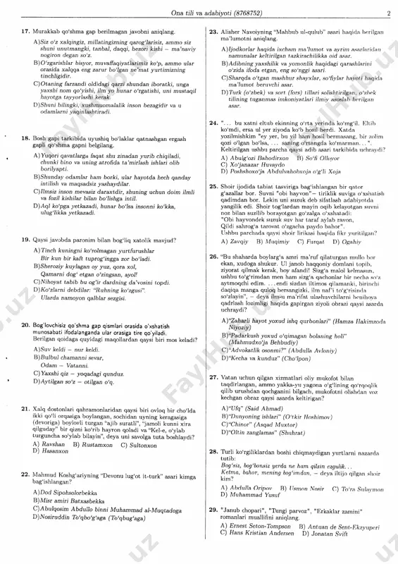 t tog'latdan mayin oqib kelayotgan ýlrvni poz bilan suzilib botayot8an go'zalga o'xshatadi: "obi hayvondek srtzuk suv hag tagaf au)a gachop, qildi sahrog'a tarovat o'zgacha paydo ahor". ushbu ragsharla qoysi shoir ligiktssi haqida fikg ullritiigap? d\ zavqiy v) muqitliu s) fugqat d) odahiu 26. "bu shahatda ou)a,rg'a amti ma'gchf qilatuggan mrtllo ot ekap, xudoga shukur. ul janob haqqoniy domlani topib. ziyorat qilmak kegak, ou ofandi! sizg'a malo) kc,|masrln, ushbu to'g'timdan mep ha.m sizg'a qa.hoplag ig pesha so'z aytmoqchi edim. . , . endi sizdan iltimoý qila,ma,pki, igipshi da4iqa mapga quloq egsapgizki, ilm naf'i to'g'tisincla so'zlayin", - deya i]m_rr ma'gigat rtlashuvchiiarni spihocha q5dtlaýh lozimli8i haqido gariggap ziyoli ogazi qaysi elýarda chshgaudi? d)"zaharli hayot yoxud ishq qugopiali" (napza ilakipzoda niyoziy) v)'radagkchsfi yoxu d o'qipaga,p ola,lipg holi" (mahmud xo'j a behl>x d i u ) c)"ddvokatlik osop mi?" (ddulla avloniy) d)"kecha cha kupduz" (sho'lrop) 27. vatan uchun qilgan xizmatlagi oliy mukofot i)ap taqditlapgal, ammo …