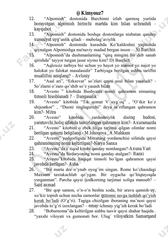 istonga borib, asqarponsotning go’riga pichoq sinchib keladi?- degan gap bo’libdi.” ushbu parcha qaysi asar qaxramoniga tegishli? – “daxshat” xikoyasida nodirshoxbegimniki 30. “bu oqshom ketib, tun oqqonda ishdan qaytadigan,oilasidagi iqtisodiy nochorlikdan qutulolmayotgan,buning ustiga vaqtinchalik og`irlikka chidolmay iymon –e`tiqodini yo`qotgan kimsalardan zarar k`organ, qasos tuyg`usini aqlidan ustun kelgan yigit beixtiyor onasining halokatiga sabab bo`ladi ”.ushbu ta`rif qaysi asar qahramoniga tegishli?- “urushning so`ngi qurboni”da shoikromga 31. “chinor” romanida akbarali qo`rqoqligi uchun qanday to`lov to`laydi? – o`zini jarga tashlab o`ladi 32. “deb” bog`lovchisi qaysi xolllara sabab ma’nosini bildiradi- o`tgan zamon fe’llaridan keyin kelsa’ 33. “diyonat”romanidan keyin o’tgan o’n yil davomida men “ko’hna dunyo”va “oqqushlar,oppoq qushlar”degan ikkita roman yozdim.biri tarixiy mavzuda,biri zamonaviy”.ushbu parcha kimning qalamiga mansub? - s)odil yoqubov 34. “endi biz uchtamiz: men, sen va durbin..”ch.aytmatovning “oq kema” qissasidan olingan parchada bola «sen» degabda kimni yoki nimani nazarda tutgan? - portfelni 35. “esingda bo`lg`ay,bu tuproqni osti qildum degan ne-ne fotihlar , ne-ne jahongirlar o`tgandir.ularning …