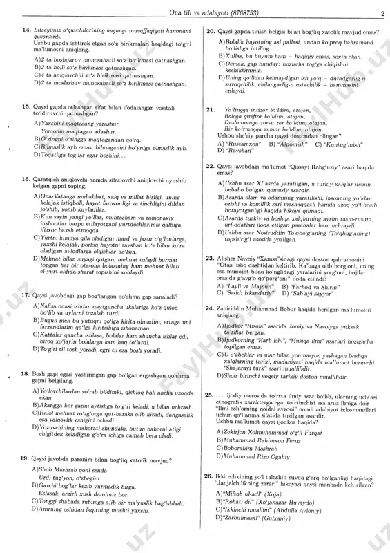 igan kutcjra jud& i9ý,'q edi. 9. qaysi gapda ravish bilan ifodalangan ravish holi qatnashgan? a)mo'taag eshikni sekip yopib ch,iqjb ketdi. b)jon.i halqumiga j<eigan sattol a]amidsp baqirib yig'lab yubordi. c)iiarnmani kuldr'tr'h chshchl ataylab gapigdi. d)vr'l cfir'mdim uxjash uchun ko'zini uupdi. 1o. qoysi javobda o'zato ir xil shaxs-sopdagi fe'ilar ishtitok etgan? a) uiarga qujoq so,i, daraxt,lar aldashni bihnaydi, o'g'lfup. b)siz brlan tillashmoq ibtaytnan, bilipg! mayliga, ko'pivin piua, bsablat, c)mehnatingni auamasapg, bu uerdap mo'j hosil olaýal. d)sekilgoq uchgipg, pep bizga uetile ou. ll. shoshlladi tup bo'yi shatpol, qald,ipqlbr ko' chdi larzakor. shiairlading u opitpda :plzyo l : "yapa beldi, do'stgipapl, aor", she'riy rarada ishtiy etgmr fe'llar haqidagi qaysi fikr to'g'ri emas? a) us}rbu fe'llagpipg arshasi sodda fe'l]ar hbobianadi, b)ushbu fe'liagpilg archosi o'zalo bit i] za,poppi ifodalagbn, s) ushbu pmchada xaar paylidagi cha buyruq-jstak pau 1idagi fe']la. qdtpashgal, d)ushbu fe'iiaglipg batchasi o'zaro ig xr'l nbbatdagi fe?m hisoblanadi, 12. qaysi javobda zidlov bog'lovchisi uyushiq bo'laklagni …