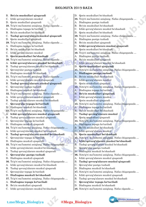b chiqarishda o‘pkaning kengayib va torayishiga qulaylik tug‘diradi. b. o‘pka alveola devorlari ikki qavatli epiteliy to‘qimasidan iborat c. o‘pkalar tashqi tomondan ikki qavat plevra pardasi bilan qoplangan d. ovoz apparati iv – vi bo‘yin umurtqalari ro‘parasida joylashgan 20. notog‘ri ma’lumotni aniqlang. a. plevra bo‘shlig‘idagi bosim atmosfera bosimi bilan har xil bo‘lib, u nafas olib chiqarishda o‘pkaning kengayib va torayishiga qulaylik tug‘diradi. b. o‘pka alveola devorlari bir qavatli epiteliy to‘qimasidan iborat c. o‘pkalar tashqi tomondan bir qavat plevra pardasi bilan qoplangan d. ovoz apparati iv – vi bo‘yin umurtqalari ro‘parasida joylashgan 21. notog‘ri ma’lumotni aniqlang. a. plevra bo‘shlig‘idagi bosim atmosfera bosimi bilan har xil bo‘lib, u nafas olib chiqarishda o‘pkaning kengayib va torayishiga qulaylik tug‘diradi. b. o‘pka alveola devorlari bir qavatli epiteliy to‘qimasidan iborat c. o‘pkalar tashqi tomondan ikki qavat plevra pardasi bilan qoplangan d. ovoz apparati iv – vi ko‘krak umurtqalari ro‘parasida joylashgan 22. to‘g‘ri ma’lumotni aniqlang. a. plevra bo‘shlig‘idagi …