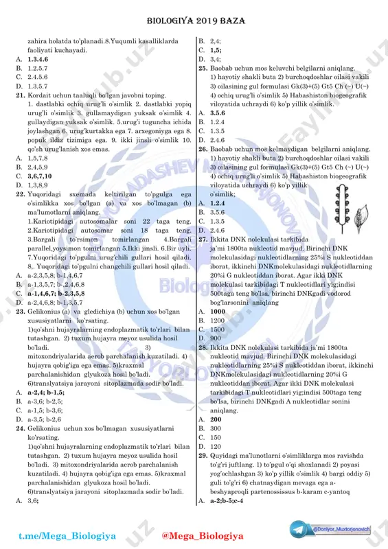 aqsimlanishi va tanasining kulrang bo’lishi tangachalarining notekis taqsimlanishi va tanasining yashil bo’lishiga nisbatan dominantlik qiladi. ikkala gen jinsiy xromosomada birikkan holda joylashgan. tangachalari tekkis taqsimlangan yashil urg'ochi kaltakesak digeterozigotali (dominant genlarni birini otasidan, ikkinchisini onasidan olgan) erkak kaltakesak bilan chatishtrilganda nasllarning necha % digomozigotali bo’ladi? a. 46.25% b. 6.25% c. 3.75% d. 1.88% 15. kaltakesakda tangachalarning tekistaqsimlanishi va tanasining kulrang bo’lishi tangachalarining notekis taqsimlanishi va tanasining yashil bo’lishiga nisbatan dominantlik qiladi. ikkala gen jinsiy xromosomada birikkan holda joylashgan. tangachalari tekkis taqsimlangan yashil urg'ochi kaltakesak digeterozigotali (dominant genlarni birini otasidan, ikkinchisini onasidan olgan) erkak kaltakesak bilan chatishtrilganda nasllarning necha % yashil tangachalari notekis taqsimlangan? a. 46.25 b. 6.25 c. 3.75 d. 1,88 16. drozofilada ovogenezning yetilish bosqichida 960 ta yo’naltiruvchi tanacha hosil bo’ldi. ko’payish bosqichida 5 marta mitoz kuzatilgan bo’lsa, ikkichi mitozdan keyingi hujayralar soni nechta ? a. 10 b. 20 c. 40 d. 80 17. quyidagi keltirilgan fikrlardan noto’g’ri fikrni …