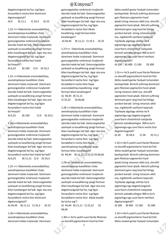 suyaklari; 6) elka suyak; 7) kaft suyaklari a) 1+5+6 b) 2+4+3 c) 3+4+5+7 d) 7+6 3.29<<<1.glukoza to`liq va to`liqsiz parchalanganda shu jarayonda jami hosil bo`lgan atf 220 molni tashkil etdi.mitoxondriyada issiqlik sifatida tarqalgan energiya bilan yutilgan energiya farqi 1540 kj ni tashkil etadi.dastlabki gulukozaning nech % chala parchalangan. a)27,083% b)47,025% c)45,45% d)50% 3.30<<<to`liq va to`liqsiz parchalangan gulukoza nisbati 1:3 bo`lib,shu jarayonda mitoxondriyada atf ga bog`langan energiya 5040 kj.shu jarayonda sitoplazmada issiqlik sifatida tarqalgan energiyani mitoxondriyada issiqlik sifatida tarqalgan energiyadan farqi qancha @kimyouz7 16 a)5684 b)2380 c)4744 d)8660 3.31<<<o`rta yoshli chinorda sentabr oyida hayotiy jarayonlar uchun jami 14592 molekula atf zarur.bu atf gulukozani to`liq parchalanishidan chiqqan.chinorning bir kunlik hosil qilgan c6h12o6 ni qanchasi zaxirada qoladi.har soatda teng miqdorda energiya ajraladi,har soatda to`liq parchalanadi. a)5568 b)22400 c)11136 d)6000 3.32<<<xloroplastlarda hosil bo`lgan va sitoplazmada parchalangan c6h12o6 farqi 6920 bo`lsa jami hosil bo`lgan atf ni toping. a)134,480 b)67240 c)14400 d)2068 3.33<<<tangao`t o`simligida ma`lum vaqt …