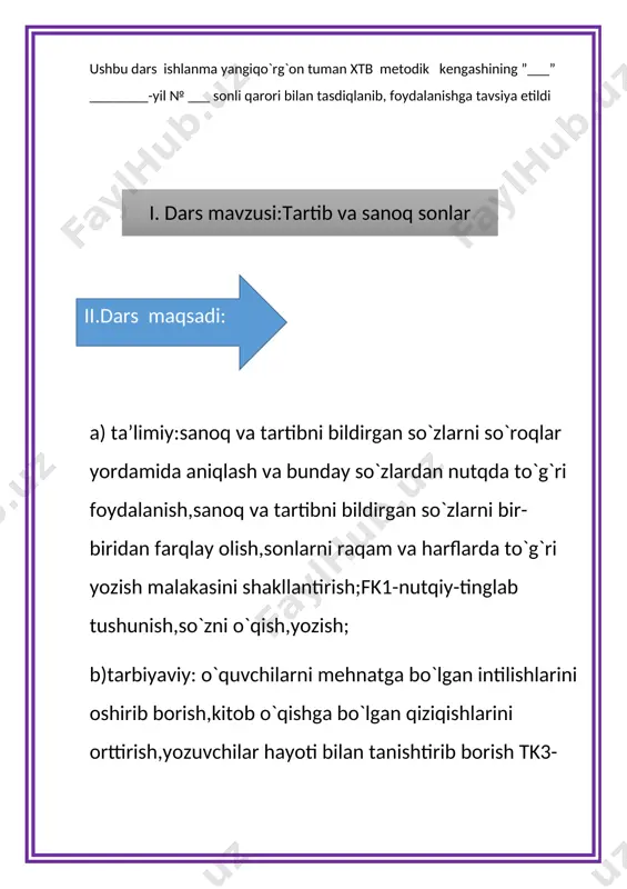 riladi sanoq sonlarni va tartib sonlarni aniqlab o`zi bog`langan so`z bilan birgalikda ikki qatorga alohida-alohida yozing . sanoq sonlar: oltita qalam, ming bir kecha, to`rt qator, ellik yil, yuzta mashina; tartib sonlar: o`ninchi bino, ikkinchi hosil, beshinchi yil, yigirma beshinchi sahifa. o`quvchilarni parta oralab yurib,yozuvlarini kuzatib , rag`batlantirib boraman sonlar narsalarning joylashish tartibini ham bildirib, nechanchi? so`rog`iga javob bo`ladi: nechanchi (xona)- yettinchi xona, nechanchi( qavat) – to`rtinchi qavat. to`rtinchi, yettinchi sonlari tartib sonlardir. sanoq sonlarga – inchi, (- nchi) qo`shimchasini qo`shish bilan tartib son hosil qilinadi: oltmish – oltmishinchi, yeti – yettinchi. 2-shart son so`z turkumiga oid ma’lumot toping. ii shart son son son iii shart 290-mashq nuqtalar o`rniga sonoq yoki tartibni bildirgan sonlarni qo`yib o`qing va yozing .sanoq va tartib sonlarning tagiga to`lqinli chiziq chizing. 1. yigit kishiga yetmish hunar oz.2. akam oltinchi sinfda o`qiydi. 3. bir yil o`n ikki oy. 4. beshinchi poyezd to`rtinchi yo`lga kelib to`xtadi.5. ikkinchi …