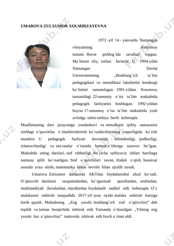 bilim ko’nikma va malakalarini rivojlantiruvchi, umumlashtiruvchi, kichik guruhlarda ishlash . dars uslubi: ko’rgazmalilik, suhbat, hikoya, tushuntirish, aqliy hujum, intetfaol . dars jihozi: darslik, og’zaki hisoblash uchun ko’rgazmalar, texnik vositalar, “bilimlar xazinasi” piramidasi. [image: 0 107] darsning texnologik xaritasi t/r darsni rejalashtirish vaqti 1 tashkiliy qism 2 min 2 o`tilgan mavzuni takrorlash 8 min 3 yangi mavzuni interfaol usullardan foydalanib o`tkazish 25 min 4 yangi mavzuni mustaxkamlash 5 min 5 o`quvchilarni baxolash 3 min 6 uyga vazifa 2 min darsning borishi: i. tashkiliy qism: (o’qituvchi darsni she’r bilan boshlaydi) o’qituvchi: salom aziz bolalar gulu rayhon lolalar chuqur bilim olmoqqa matematik bo’lmoqqa tayyormisiz? o’quvchilar: (xor bo’lib) tayyormiz. o’qituvchi: bilmasang gar bu fanni dunyoni ham anglama bilsang asli bu hayot matematik tenglama. o’qituvchi: hozir darsimiz nima? o’quvchilar: matematika o’qituvchi: matematika fani bizga nimalarni o’rgatadi? o’quvchilar:qo’shish va ayrishni ,ko’paytirish bo’lishni masalalar yechishni, o’rganamiz bu fanda. o’qituvchi: sinfda kim navbatchi bir kunlik nazoratchi? o’quvchi: sinfda …