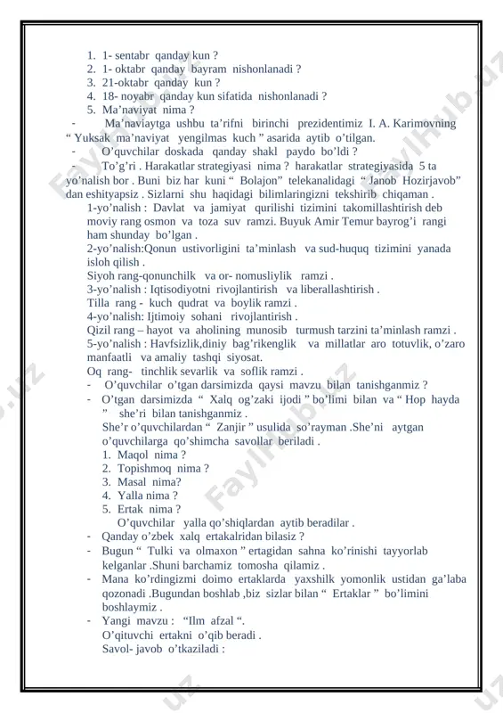 . 1-yo’nalish : davlat va jamiyat qurilishi tizimini takomillashtirish deb moviy rang osmon va toza suv ramzi. buyuk amir temur bayrog’i rangi ham shunday bo’lgan . 2-yo’nalish:qonun ustivorligini ta’minlash va sud-huquq tizimini yanada isloh qilish . siyoh rang-qonunchilk va or- nomusliylik ramzi . 3-yo’nalish : iqtisodiyotni rivojlantirish va liberallashtirish . tilla rang - kuch qudrat va boylik ramzi . 4-yo’nalish: ijtimoiy sohani rivojlantirish . qizil rang – hayot va aholining munosib turmush tarzini ta’minlash ramzi . 5-yo’nalish : havfsizlik,diniy bag’rikenglik va millatlar aro totuvlik, o’zaro manfaatli va amaliy tashqi siyosat. oq rang- tinchlik sevarlik va soflik ramzi . · o’quvchilar o’tgan darsimizda qaysi mavzu bilan tanishganmiz ? · o’tgan darsimizda “ xalq og’zaki ijodi ” bo’limi bilan va “ hop hayda ” she’ri bilan tanishganmiz . she’r o’quvchilardan “ zanjir ” usulida so’rayman .she’ni aytgan o’quvchilarga qo’shimcha savollar beriladi . 1. maqol nima ? 2. topishmoq nima ? 3. masal …