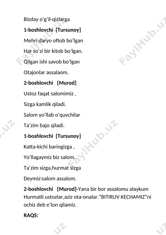 qatorda o’zimizni tutishga odatlandik. yusufbek:-{zaxiriddin muhammad bobur voz bon on ze foutinz of febreri,foutin eitiy sri,inandijan.xi voz poet end feymos steytsmen.xi rout”boburnoma”,rubai} {zaxiriddin muhammad bobur rodilsya 14fevralya 1483 goda bv andijane.on bil poetim i vidayushimsya gosudarstvennim deyatelim.on napisal proizvedenie “boburnoma”rubai. nigina;-{alisher navoi voz bon on ze naynz of febreri,foutin foutiy van,in xirat.xi voz e greyt poet,filosofe,steytsmen.xi rout “xamsa”{poems} {alisher navoiy rodilsya 9 fevralya 1441 goda v gerate.on bil velikim poetim,filosofim,gosudarstvennim deyatelem.on napisal “xamsa”{poemi} maqollar: raqs: ingliz kapalak 1-boshlovchi {tursunoy}:o’tgan 4-yil mobaynida tanamizni chiniqtirdik.baquvvat sog’lom bo’lish maqsadida jismoniy –tarbiya va sport bilan shug’ullandik. nasoba: ustozimiz bizlarga doim sog’ bo’ling derlar ,kuchli ,baquvvat ,botir vaqti chog’ bo’ling derlar. diyora: shu sabablo bizlar ham mashq qilib chiniqdik vaqtida o’ynab-kulib, kuchga to’lib tiniqdik. fozil: bizning bolalar ichra “mirjalollar”ko’p bo’lar futbolchi bo’lib albat maydonlarda to’p surar abdurouf: bizning sinfdan chiqadi “artur”,”muhammad qodir” akalardek champion bo’lishga bizlar qodir. ro’zimuhammad: karate va yengil atletikada zudoda va tekvandoda …