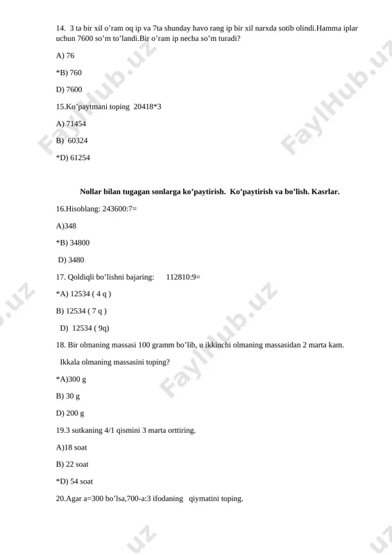 iymatlarida tengsizliklar to`g`ri bo`ladi? *a) 9 b) 8 d) 7 113.yuzi 80m2 teng bo`lgan to`g`ri to`g`ri to`rtburchak tomonlarining uzunliklarini toping/ a) 20m va 40 m b) 40m va 40 m *d)16m va 5m 114.qoldiqli bo`lishni toping.162291:42 a)162000(7q) *b)3864(3q) d)3865(4q) 115.ifodaning qiymatini toping. 2t:25 a)44 *b)80 d)800 116.tenglama tuzib yeching.4905 ni x marta kamaytiring 981 hosil bo`lsin. a)15 b)7 *d)5 117. uzunlik o`lchov birliklarini yozing. j________________________________________ 118.to`g`ri to`rtburchak ni perimetrini toping. j________________________________________ 119.sonni 100 ga ko`paytirish qoidasini yozing j________________________________________ 120.hisoblahg.293017:71*39 j________________________________________ 121. 407va 374 sonlarining ko`paytmasini 10578 ta kamaytiring. j________________________________________ [bookmark: _goback] image1.png image2.wmf 8 1 oleobject1.bin