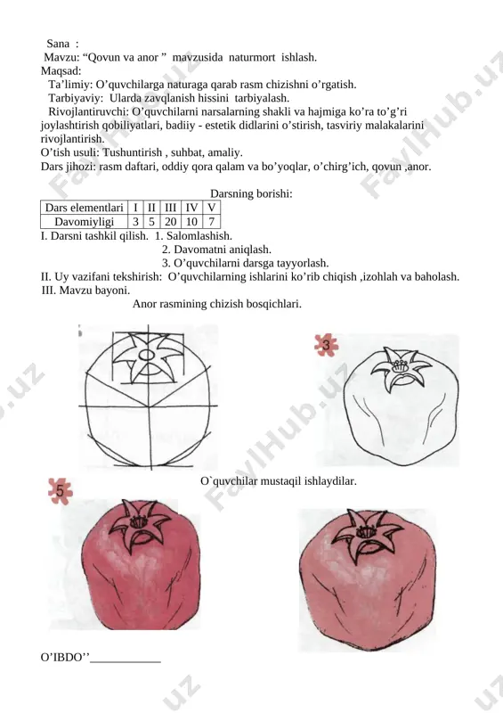 ikalla, qo'ybosh kabi turlari keng tarqalgan. ular shakl va rang jihatdan ham rango-rang bo'lib rassomlarni nihoyatda zavqlantiradi. shuning uchun ham ko'pchilik o'zbekistonlik rassomlar natyurmort ishlaganlarida albatta qovunlarni tasvirlaydilar. anor haqida gap borganda uni daraxt tarzida o'sishi, mevasining shakli, rangi, og’irligi, o'lchovlari, mazasi va boshqa xususiyatlari haqida tushuntiriladi rassomlar o’z ko’rgan kechirganlari , kuzatgan voqea - hodisalarni xayollarida umumlashtirib , yaxlit bir kompozitsiya yaratadilar . buning uchun ular qalamda , bo’yoqda xomaki eskizlar , qora lama rasmlar , etudlar ishlaydilar . so’ngr ularning eng maqbuli asosida rassom tasavvuridagi tasviriy san’at asari paydo bo’ladi . “qovun saylida “ mavzusidagi kompozitsiyani ishlashdan oldin o’quvchilar bilan savol – javob o’tkazish ; 1) qovun va tarvuzning qanday turlarini bilasiz ? 2) qovun va tarvuz shakli bir – biridan qanday farq qiladi ? 3) ularning ranga qanday tusda bo’ladi ? ushbu tishunchalar asosida rasm chizishga kirishiladi .dars davomida qiynalgan o’quvchilarga yordam berib turiladi.sinfda ishlangan rasmlardan ba’zi …