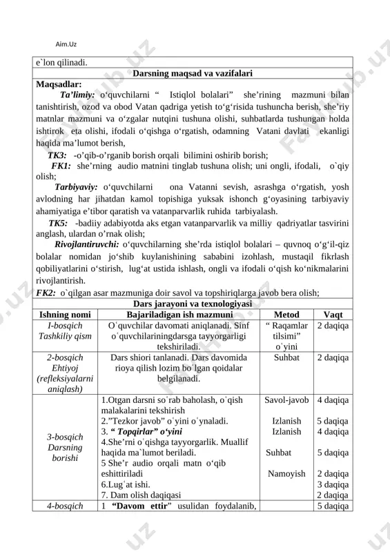 i boyligimiz bu_____ -sog`ligimiz. o’qituvchi: sizlar qanday bolalarsiz? hamma:bizlar– buyuk yurt osmonida go’zal kamalak, barkamol avlod bo’lmoq –eng ezgu tilak. davomatni aniqlash ( qani ,ayting bolalar, kim navbatchi bo’ladi? ushbu kunning hisobin menga aytib beradi. )o’qituvchi: -bugun oddiy dars emas, balki sinov darsidir. o’tib olsak sinovdan, bu hammadan yaxshidir. o‘quvchilarni darsga hozirlash. -hamma sog` omonmi? -ha. - juda yaxshi demak darsda hamma bor. e) fasl haqida suhbat o`tkazish -hozir yurtimizda qaysi fasl ? -hozir yurtimizda kuz fasli. -kuz faslida tabiatda qanday o`zgarishlar r`oy beradi? -kuz faslida havo soviydi, yomg`ir yog`adi, daraxtlarning barglari sarg`ayib to`kiladi, dalalarda yig`im-terim ishlari boshlanadi. “raqamlar tilsimi” o‘yini -bu faslda yurtimizda qanday bayramlar nishonlanadi? sonlarni bu faslda yurtimizda nishonlanadigan bayramlarni aytishingiz zarur 1-sentabr “mustaqillik bayrami”, 1-oktabr “ustoz va murabbiylar kuni”, 2-sentabr “bilimlar kuni”, 21-oktabr “til bayrami”, 18-noyabr bayrog`imiz qabul qilingan kuni va “mehrjon bayrami” nishonlanadi ii.uy vazifasini so‘rash va o‘tilgan mavzuni mustahkamlash. oʻquvchilardan “qodir boboning orzusi” hikoyasining …