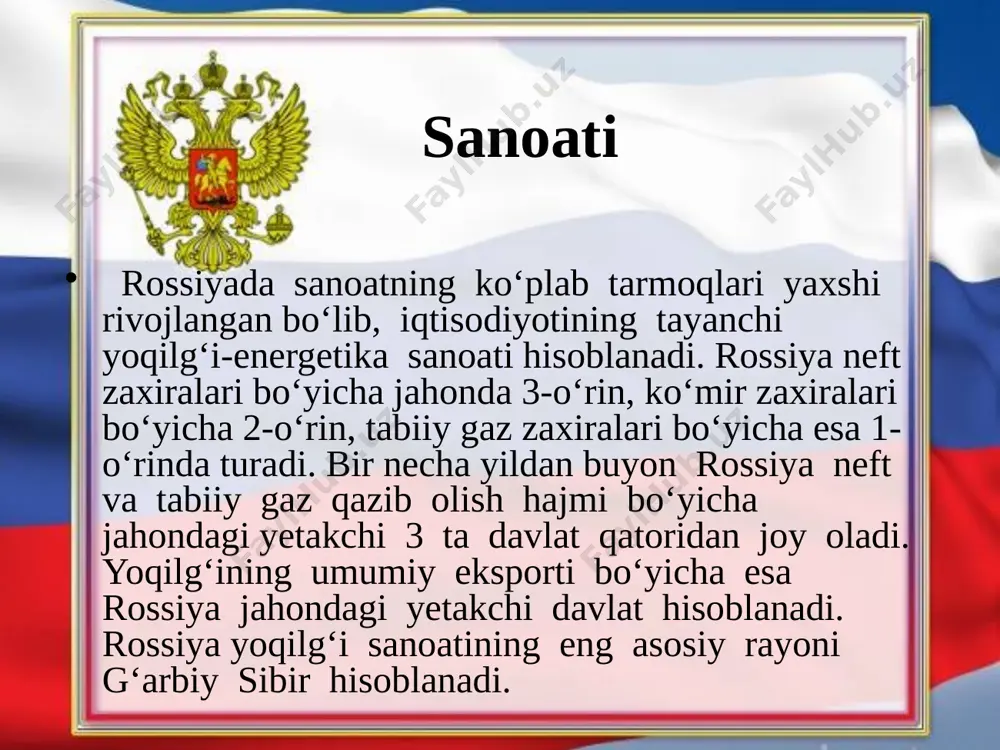 siya jahon mamlakatlari orasida eng katta yer fondiga ega, biroq qishloq xo‘jaligida foydalaniladigan unumli yerlar uning 10 % dan ziyodroq qismini tashkil etadi, xolos.rossiyaning turli hududlari qishloq xo‘jaligining ixtisoslashuvi bilan o‘zaro farqlanadi. tegishli tafovutlar ko‘proq iqlim sharoitiga bog‘liq. dehqonchilik dehqonchilikning eng muhim tarmog‘i donchilikdir. u, asosan, mamlakat janubi va janubi-g‘arbini egallagan dasht va o‘rmon-dasht zonalarida yaxshi rivojlangan. don ekinlarining yalpi hosili bo‘yicha rossiya jahon-ning yetakchi 5 ta davlatlari qatoriga kiradi va don, xususan, bug‘doy eksporti bo‘yicha jahon miqyosida ajralib turadi . don ekinlaridan tashqari rossiyada qandlavlagi, kartoshka, kungaboqar, zig‘ir ham muhim qishloq xo‘jalik ekinlari hisoblanadi. chorvachilik chorvachilikning asosiy tarmoqlari qoramolchilik, cho‘chqachilik, parrandachilik hisoblanadi. shimoliy hududlarida bug‘uchilik rivojlangan. baliq ovlash bering, oxota, yapon, barens, boltiq va kaspiy dengizlarida rivojlangan rossiya transporti transport yo‘llarining zichligi mamlakatning turli qismlarida keskin farq qiladi. bu holat tabiiy-iqlim sharoiti va aholi zichligi bilan bog‘liq. temir yo‘llar uzunligi bo‘yicha rossiya aqshdan keyingi 2-o‘rinni, elektrlashtirilgan temir yo‘llarining uzunligi …