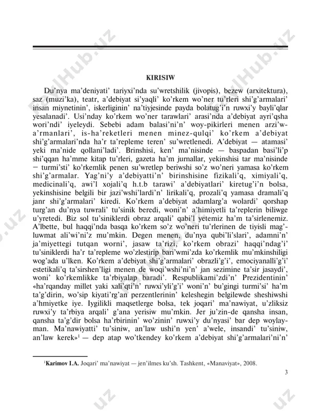 brazi�, woni�n� ta�g�diri turadi�. demek, ko�rkem a�debiyat bizdi bilim menen g�ana qurallandi�ri�p qoymastan, wo�mir joli�mi�zda qanday qi�yi�n jag�daylar ushi�rassa da wolardi� jen�ip wo�tip, turmi�s keshiriw jollari�n u�yretip baradi�. ko�rkem a�debiyatti�n� woqi�wshi�g�a ta�sir yetiw ku�shi tildin� ko�rkemlew qurallari� menen ti�g�i�z baylani�sli�. soni�n� ushi�n da, wol � so�z wo�neri boli�p tabi�ladi�. a�debiyatti�n� barli�q jani�rlari� tildin� ja�rdemi menen ju�zege shi�g�i�p woti�radi�. jazi�wshi� kitap woqi�wshi�si�na aytpaqshi� bolg�an pikirlerin ko�rkem so�zdin� qu�direti arqali� jetkerip beredi. tili jaqsi� jazi�lg�an ko�rkem shi�g�armalar woqi�wshi�g�a ayri�qsha zawi�q bag�i�shlap, qaharmanlari� quwansa birge quwani�p, qaharmanlari� qi�ynalsa birge qi�ynaladi�. soni�n� ushi�nda ko�rkem shi�g�armani�n� tiykarg�i� elementi til yekenligin ko�pshilik ilimpazlar menen jazi�wshi�lar da moyi�nlag�an. ko�rkem shi�g�armalardi� biz qanshelli teren� qabi�l yetip wo�zlestirgen sayi�n wo�zimizdin� tu�sinigimiz ken�eyip, jeke wo�mirlik ta�jiriybemiz arti�p baradi�. bizge tani�s ha�m biytani�s adamlardi�n� ishki keshirmelerin shi�n kewlimiz benen sezip, ta�sirlenip woti�rami�z. ma�selenin� a�himiyetli ta�repi sonda: yegerde bizler woqi�g�an ko�rkem shi�g�armalar jaqsi� ha�m sheber jazi�lg�an bolsa qaharmanlardi�n� aldi�na qoyg�an arzi�w-a�rmani�, maqset …