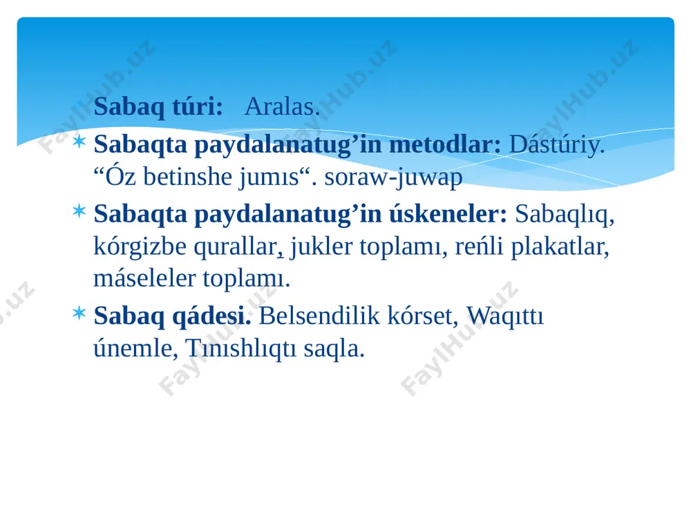 tuǵın blok qozǵalmalı blok delinedi. f= qozǵalmalı blok kúshten eki ese utıs beredi. qozǵalmalı hám qozǵalmas bloklardan bir neshewi óz ara jalǵansa, ol polispast depataladı. polispastta n qozǵalmalı blok qatnassa, kúshten 2n ese utıw múmkin boladı. shıǵırıq shıǵırıq kóbinese qudıqlardan suwdı kóterip alıwda paydalanıladı. shıǵırıqta arqan oralatuǵın baraban radiusı r, onı aylandırıwshı tutqanıń uzınlıǵı r bolsa, qurılmanıń kúshten beretuǵın utısı ge teń boladı. shıǵırıqtıń jetilistirilgen variantı lebyodka delinedi. vint sına qıya tegislik 1) massa orayi degenimiz ne? 2) turǵın teń salmaqlıliq degenimiz ne? 3) turǵın emes teń salmaqlılıq degenimiz ne? 4) parqsız tensalmaqlılıq degenimiz ne? taza temanı bekkemlew: esap 1. 100kg júkti 10m biyiklikke kóteriw kerek bolǵanda qıya tegislikten haydalanıladı. tartıwshı kush 245 n bolsa, uzınlıgı neshe metr bolgan qıya tegislikte bul jumıstı orınlaw mumkin? berilgeni m=100kg h=10m f1=245n g=9,81n/kg _____________ s-? sheshiliwi f1s=f2h bunnan s=f2h/f1 f2=mg formulasi f2=100kg*9,8n/kg=980n s==410m=40m juwabĺ berilgeni m=100kg h=10m f1=245n g=9,81n/kg _____________ s-? formulasi f1s=f2h …