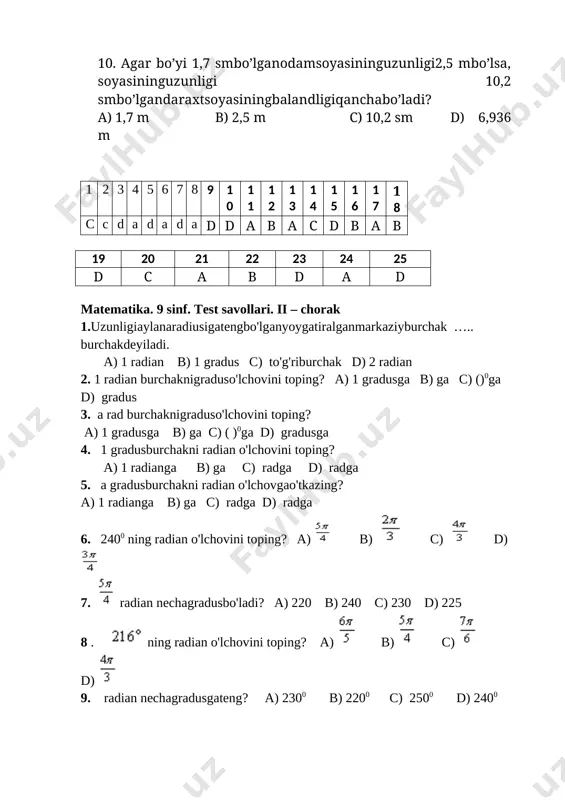 0 b) 240 c) 230 d) 225 8 . [image: imti_004560] ning radian o'lchovini toping? a) [image: imti_004561] b) [image: imti_004562] c) [image: imti_004563] d) [image: imti_004564] 9. radian nechagradusgateng? a) 2300 b) 2200 c) 2500 d) 2400 10. koordinatatekisligidaradiusi 1 gatengbo'lganvamarkazikoordinataboshidabo'lganaylananimadeyiladi? a) asosiyaylana b) doira c) birlikaylana d) ellips 11. p(1; 0) nuqtanikoordinaboshiatrofida 900 gaburganda, u qaysinuqtagao'tadi? a) (0; 1) b) (-1; 0) c) (1; 0) d) (0;-1) 12. p(1; 0) nuqtanikoordinaboshiatrofida 1800 gaburganda, u qaysinuqtagao'tadi? a) (0; 1) b) (-1; 0) c) (1; 0) d) (0;-1) 13. p(1; 0) nuqtanikoordinaboshiatrofida 2700 gaburganda, u qaysinuqtagao'tadi? a) 0; 1) b) (-1; 0) c) (1; 0) d) (0;-1) 14. p(3; 0) nuqtanikoordinaboshiatrofida 2700 gaburganda, u qaysinuqtagao'tadi? a) (0; -3) b) (3; 3) c) (-3; 0) d) (0; 3) 15. p(-3; 0) nuqtanikoordinaboshiatrofida 90 gaburganda, u qaysinuqtagao'tadi? a) (0; 3) b) (3; 3) c) (-3; 0) d) (0; -3) 16. p(0; 3) …
