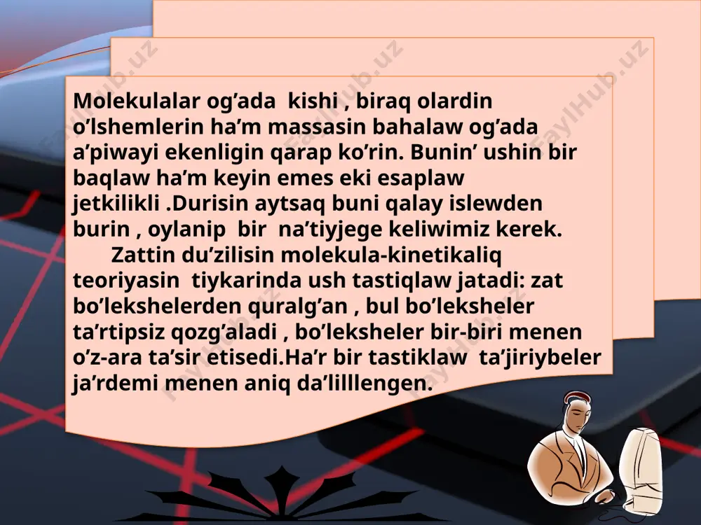 g’darinda aling’an zattin’ massasi bolip tabiladi. usi aniqlamag’a muwapiq zattin’ molyarliq massasi molekula massasin avagadro turaqlisina ko’biytkenge ten’: m=mo ·na (2) qa’legen mug’dardag’i zattin’ m massasi , bir molekulanin’ massasin denedegi molekulalardin’ sanina ko’beytkenge ten’: m=mon (3) formulasindag’i na menen n di olardin (2) ha’m (3) aniqlamalardag’i ma’nisleri menen almastirip minani alamiz. v= itibarin'iz ushin raxmet ! image3.wmf image4.wmf image5.wmf image6.wmf image7.wmf image8.wmf image9.png image10.wmf image11.wmf image12.wmf image13.wmf image14.wmf image15.png image16.wmf image17.png image18.wmf image19.wmf image20.png image20.wmf image21.png image22.wmf image23.png image24.wmf image25.png image2.jpeg
