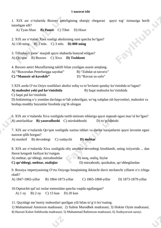 ; d) zargarlik; e) kulolchilik. a) 1-e, 2-a, 3-d, 4-c, 5-b b) 1-d, 2-a, 3-e, 4-b, 5-c c) 1-a, 2-e, 3-d, 4-c, 5-b d) 1-e, 2-c, 3-d, 4-a, 5-b 20. m.chernyayev tomonidan bosib olingan avliyoota hozirgi qaysi shahar hisoblanadi? a) taroz b) almati c) chimkent d) sayram 2 – nazorat ishi 1. xix asrdagi toshkentning 12 darvozasi nomlari to‘g‘ri keltirilgan javobni toping. ________________________________________________________________________ ________________________________________________________________________ 2. turkiston general-gubernatori k.kaufman bir paytning o‘zida ... ________________________________________________________________________________________________________________________________________________ 3. 1873-yil tuzilgan amudaryo bo‘limining markazi qaysi shahar bo‘lgan? ________________________________________________________________________ 4. podsho rossiyasiga toshkentning “ixtiyoriy ravishda topshirilishi” to‘g‘risidagi soxta shartnoma shaharning nechta oqsoqoli tomonidan imzolangan? ________________________________________________________________________ 5. rossiya imperiyasi tomonidan uch kunlik jangdan keyin bosib olingan shaharni aniqlang ________________________________________________________________________ 6. 1864-yil turkiston va chimkent shaharlari mudofaasiga rahbarlik qilish uchun qo‘qon xoni kimni qo‘shin bilan jo‘natadi? ________________________________________________________________________ 7. k.p.kaufman xiva xonligiga qarshi yurish uchun qancha vaqt tayyorgarlik ko‘rdi? ______________________________________________________________________ 8. “rossiyadan hukumat ijozati bo‘lmagan, kim bo‘lishidan qat’i nazar, …