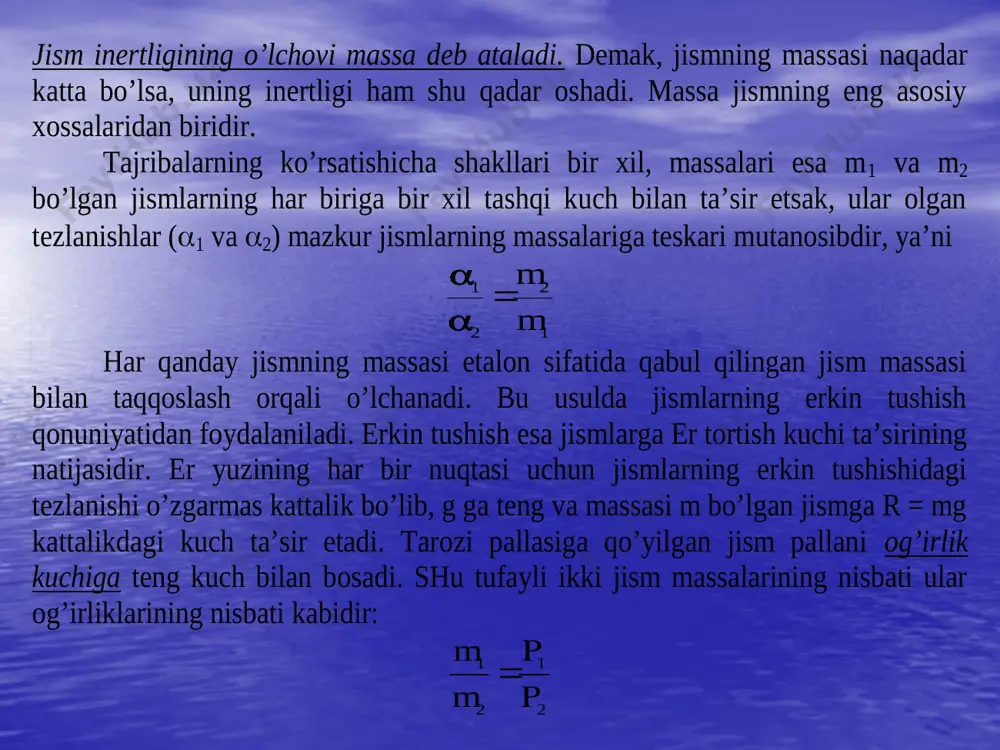 olgan tezlanish kuchlarning teng ta’sir etuvchisiga tug’ri proporsional bo’ladi, ya’ni a ~ f (m = sonst) (3.1) agar turli massali jismlarga bir xil kuch ta’sir etsa, jismlar olgan tezlanishlar turlicha bo’ladi. jismlar massalari qancha katta bo’lsa, ular olgan tezlanishlar shuncha kichik bo’ladi. (3.2) 3.1 va 3.2 tengliklardan (3.3) yozamiz. 3.3 - tenglik nyutonning ikkinchi qonunini ifodalaydi. bu ifodaga ko’ra, jism olgan tezlanish kuchga to’g’ri, jism massasiga teskari proporsional bo’ladi. nyutonning ikkinchi qonuni inersial sanoq sisitemasi uchun o’rinlidir. birinchi qonun nyuton ikkinchi qonunining xususiy xoli sifatida qaraladi. massa markazi. massa markazining harakati xaqidagi teorema. ko’p hollarda bir necha jism (moddiy nuqtalar)dan iborat mexanikaviy tizimning harakat qonunlarini o’rganish bilan ish ko’rishga to’g’ri keladi. bunday tizimning harakat qonunlarini o’rganishda mazkur tizm tarkibidagi jismlarning unda qanday taqsimlanganligini yoki bu jismlar bir-biriga nisbatan tizimda qanday joylashganligini bilish zaruriyati tug’iladi. shu munosabat bilan inersiya markazi (massa markazi) degan tushuncha (inersiya markazi va massa markazi atamalari aynan …