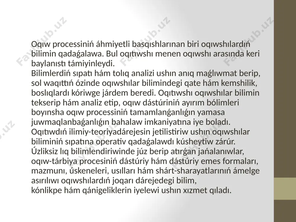 ám ornıqlıǵın bildiriwshi tiykarǵı túsinik. i̇senimlilik túsinigi menen bir orında qátelik túsinigide boladı. álbette, biz bul jerde pedagogikalıq test degenimizde test tapsırmaların jaratıwdan baslap, test nátiyjelerin esaplaw hám onı talıqlawǵa shekem bolǵan barlıq processlerdi názerde tutpaqtamız. aldınnan anıqlanǵan, tastıyıqlanǵan hár qanday shártlerdiń ózgeriwi, ádbette, test isenimliligine keri tásir etedi. sonıń ushın test qadaǵalawı ushın jalǵız shártlerdiń saqlanıp qalınıwı hám olarǵa tolıq ámel etiliwi testtiń isenimliligin arttıradı. test nátiyjeleriniń haqıyqıylıq kórsetkishi bolsa bilim alıwshınıń bilim sıpatın anıqlaw ushın tańlanǵan testtiń jaramlılıq dárejesin bildiredi. qadaǵalaw testleri quramalılıǵı dárejesine qarap tómendegi túrlerge bólinedi: birinshi dárejedegi testler – bunda xabardı ózlestiriw sıpatın qadaǵalawushın xızmettiń orınlanıwın biliwdi talap etiwshi testlerden paydalanıw kerek.bunday testlerge baylanıslı tapsırmalar, obyektlerdi parıqlawǵa yamasa túsindiriwdi kózde tutadı. ekinshi dárejedegi testler – bul ózlestiriwdi qadaǵalaw ushın reproduktiv dárejedegi testler (xabardı qayta esittiriw hám dodalawǵa, ulıwma máseleler járdemine yamasa aytıp turıwǵa súyenbesten sheshiwge imkan beriwshi ózlestiriw) bolıp, bul túrdegi testlerdiń eń ápiwayıları, ornına …