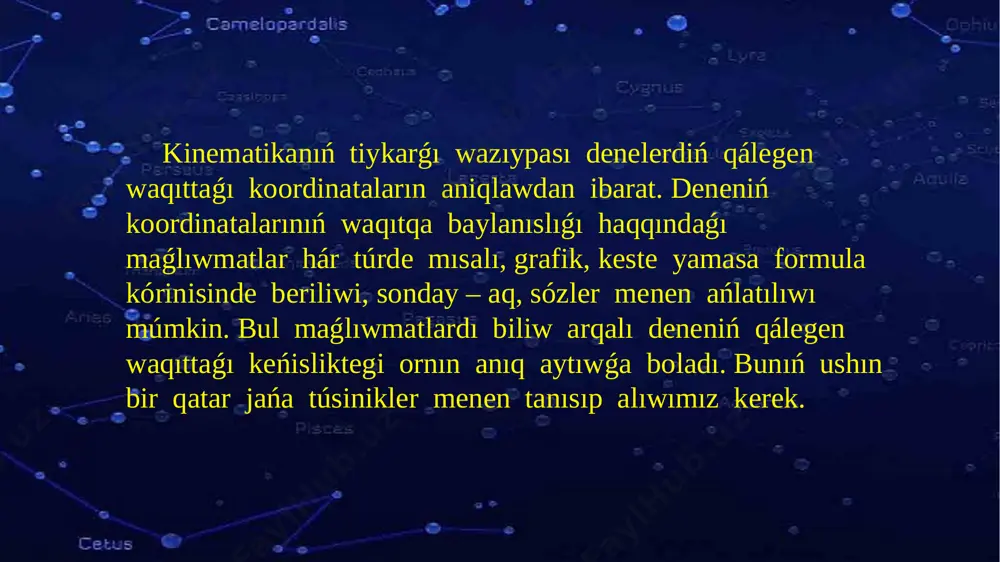 indi orın awıstırıw dep ataladı. siz kóldiń jaǵasındaǵı soqpaqtan júrip, a noqatınan b noqatına iymek sızıqlı traektoriya boylap 100 m joldı basıp ótiwińiz múmkin (10-súwret). bunda orın awıstırıw a noqatınan b noqatına shekemgi aralıqqa, yaǵnıy 40 m ge teń boladı. dostıńız bolsa qayıqta a noqatınan b noqatına tuwrı sızıq boyınsha júzip ótse, traektoriya menen orın awıstırıw bir – birine teń bolıp, onıń uzınlıǵı 40 m boladı. tashkentten andijanǵa shekemgi orın awıstırıw 245 km bolǵan jaǵday da, avtomobil tashkentten andijanǵa barıwı ushın 380 km joldı basıp ótedi. tuwrı sızıqlı qozǵalısta jol hám orın awıstırıw bir birine teń boladı. mexanikalıq qozǵalıs ápiwayılastırıw maqsetinde denelerdiń qoz – ǵalısın úsh túrge bólip úyreniledi: ilgerilemeli, aylanbalı hám terbelmeli. avtomashinanıń korpusı ilgerilemeli qozǵalsa, onıń dóńgelekleri aylanbalı qozǵaladı (11-súwret). motorındaǵı porshenleri terbelmeli qozǵaladı. ilgerilemeli qozǵalıs eger deneniń qozǵalısı ilgerilemeli bolsa, onıń qozǵalısın súwretlew ushın deneniń bir noqatınıń qozǵalısın súwretlew jetkilikli. mısalı, stoldıń ústindegi kitaptı bir orınnan basqa …