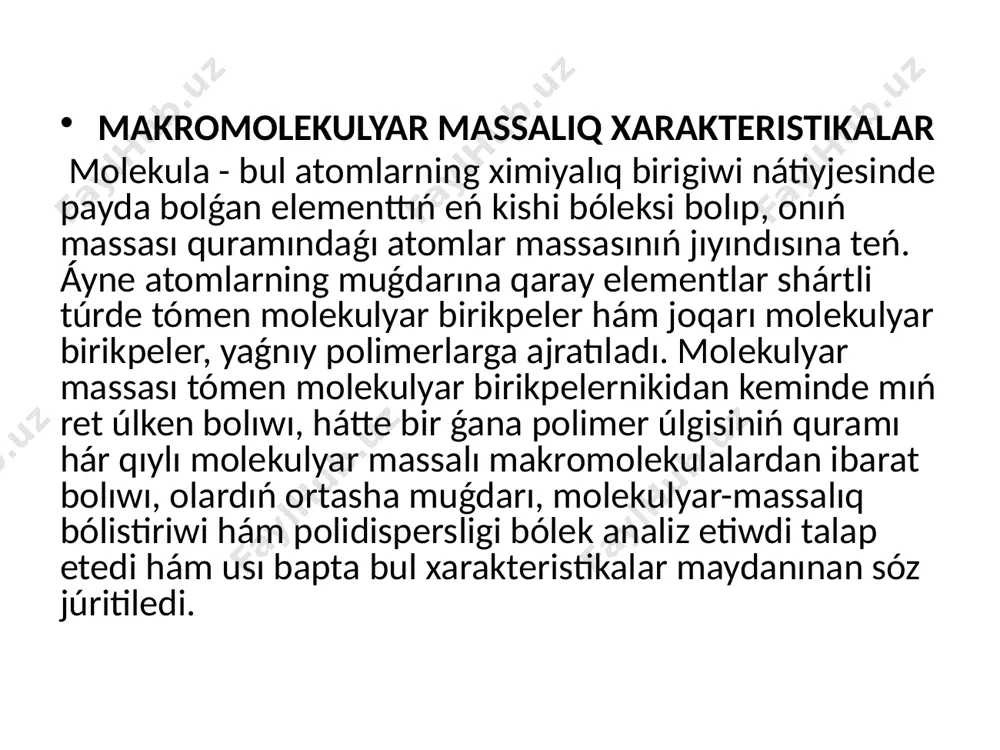 e asıralayotgan ortalıqta, ayriqsha termodinamik hám kinetik gedergiler payda boladı hám de olar bir molekulyar massalı úlgiler alıw múmkinshiligin bermeydi. tek ayırım biosintez processlerinde, yaǵnıy genetikalıq kod tiykarında sintez ámelge asqanda monodispers makromolekulalar payda bolıwı gúzetiledi. makromolekulyar fraksiyalar polimerda birdey molekulyar massalı makromolekulalar kompleksi fraksiya quraydı hám bunday fraksiyalar sanı o'nlab bolıwı múmkin. ayırım tábiy polimerlanish reaksiyaların esapqa almasak, ádetde, barlıq sızıǵıy polimerlarni sintezi waqtında massaları birdey bolǵan makromolekulalar menen bir qatarda, massaları túrlishe bolǵan makromolekulalar da payda boladı. sintez jemisinen jalǵız polimer molekulasın ajıratıp alıw ámeliy tárepten sheklengen bolıp, házirde buǵan eriwilmagan. biraq, birdey massalı makromolekulalar kompleksin ajıratıw múmkin. bunday makromolekulalar kompleksin ajıratıp alıw polimerni fraksiyalash dep ataladı. sintez jemisi fraksiyalanmagan polimer esaplanadı jáne onı 10 - 15, ayırım jaǵdaylarda bunnan da kóbirek fraksiyalarga ajıratıw múmkin boladı. bul fraksiyalar bir birinen óziniń kólemiy yamasa massalıq úlesi, hám de makromolekularining málim massa muǵdarına ıyelewi menen parıq etedi. fraksiyalar molekulyar massaların …