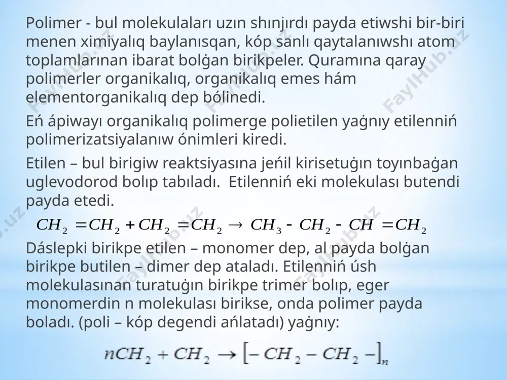 nen sonday bir fragmentti ajratıp alıw zárúr, onıń qaytalanıwı makromolekulanıń dúzilisin beretuġın bolıw kerek; - usı zvenonıń shınjırdaġı ornalasıwın hám orientatsiyasın biliw talap etiledi; - iupac (teoriyalıq hám ámeliy ximiyanıń xalıq aralıq birlespesi) nomenklaturası boyınsha quramdaġı qaytalanıwshı zveno ataması keltiriledi [1].tosattan tańlanġan nomenklaturada polimer atamasınıń qáliplesiwinde hesh qanday izbe-izlik yamasa tártiplilik bolmaydı. mısal ushın: - lapsan (terilen, dakron, milar) – poli(etilentereftalat); - viniplast (pvx) – poli(vinilxlorid) - teflon (ftorplast-4) –poli(tetraftoretilen). -pleksiglas (organikalıq shiysha) – poli(metilmetakrilat). polimerlerdiń klassifikatsiyası: kelip shıġıwı boyınsha, qollanıw tarawı boyınsha, topologiyası boyınsha (makromolekula skeletiniń geometriyası) hám polimerlerdiń ximiyalıq dúzilisi boyınsha iske asırıladı. kelip shıġıwı boyınsha: - tábiyġıy: tsellyuloza, kraxmal, xitin, beloklar, nuklein kislotaları h.t.b. - sintetikalıq polimerler: polietilen, polipropilen h.t.b. - jasalma (tábiyġıy polimerlerdi sintetikalıq jol menen modifikatsiyalaw arqalı alınadı): nitrotsellyuloza, benziltsellyuloza, metiltsellyuloza, atsetattsellyuloza h.t.b. qollanıw tarawı boyınsha - plastikalıq massalar hám organikalıq shiysha; - sintetikalıq kauchukler egerde tshiysh >tkomn bolsa, onda polimerler plastiklerge kiredi (stirol, pvx, …