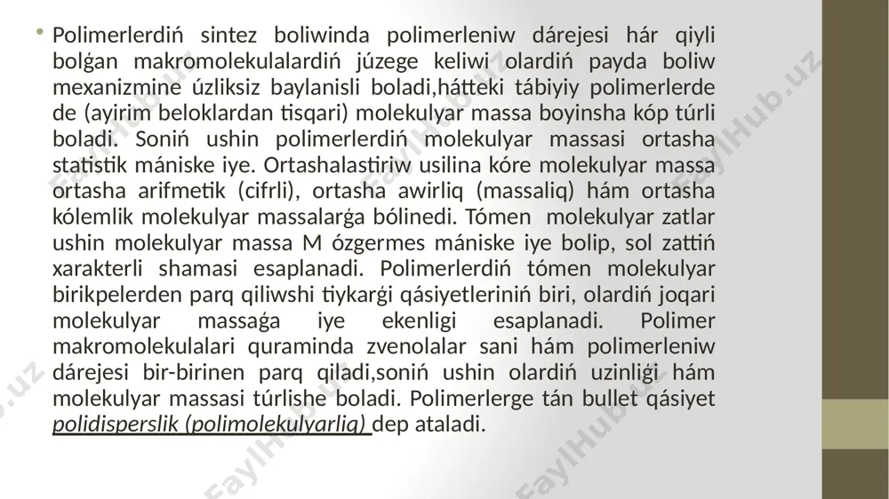 yalap eritiw, fraktsiyalap bólistiriliw hám usi siyaqlilar preparativ fraktsiyalaw delinedi. turbidimetrik titrlew, ultrasentrifugada sedimentacion teń salmaqliliqti aniqlaw, jaqtiliq shashiliwin úyreniw siyaqli usillar –analitik fraktsiyalawdiń ańlatiladi áhmiyetli usillar esaplanadi. polimelerdi polidispersligi, ádette grafik arqali ańlatiladi, bul usil fraktsiyalaw nátiyjelerin jaqsi kórsetedi. fraktsiyalaw nátiyjesinde tájriybeden alinģan maģliwmatlar tiykarinda awirliq molekulyar massaniń bólistiriw grafigin siziw ushin ordinatalar oģina hár fraktsiya massasiniń polimer massasina qatnasi abstsitssalar oģina bolsa sol fraktsiyaniń molekulyar massasi m qoyiladi. payda etilgen iymek siziq hám awirliq molekulyar massa bólistiriwdi integral diagrammasi esaplanadi. differencial iymek siziqlardi payda etiw ushin fraktsiyalanģan misallardiń molekulyar massasi m menen,payda etilgen mollar yáki massa úlesleri arasindaģi baylanis kórsetiledi. hár qaysi fraktsiyaniń mollar yáki massa úlesi tómendegi formula arqali esaplanadi: bul jerde n-molekulalar uliwma sani;no-molekulyar massasi m ge teń bolģan molekulalar sani; m – polimerdiń uliwma massasi; mi- molekulyar massasi m ge teń bolģan polimerdiń massasi. polimerlerdiń molekulyar massasin aniqlawdiń bir qansha usillari bar bolip qisqasha tómendegishe: …