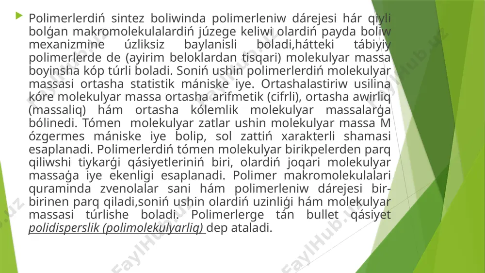 p eritiw, fraktsiyalap bólistiriliw hám usi siyaqlilar preparativ fraktsiyalaw delinedi. turbidimetrik titrlew, ultrasentrifugada sedimentacion teń salmaqliliqti aniqlaw, jaqtiliq shashiliwin úyreniw siyaqli usillar –analitik fraktsiyalawdiń ańlatiladi áhmiyetli usillar esaplanadi. polimelerdi polidispersligi, ádette grafik arqali ańlatiladi, bul usil fraktsiyalaw nátiyjelerin jaqsi kórsetedi. fraktsiyalaw nátiyjesinde tájriybeden alinģan maģliwmatlar tiykarinda awirliq molekulyar massaniń bólistiriw grafigin siziw ushin ordinatalar oģina hár fraktsiya massasiniń polimer massasina qatnasi abstsitssalar oģina bolsa sol fraktsiyaniń molekulyar massasi m qoyiladi. payda etilgen iymek siziq hám awirliq molekulyar massa bólistiriwdi integral diagrammasi esaplanadi. differencial iymek siziqlardi payda etiw ushin fraktsiyalanģan misallardiń molekulyar massasi m menen,payda etilgen mollar yáki massa úlesleri arasindaģi baylanis kórsetiledi. hár qaysi fraktsiyaniń mollar yáki massa úlesi tómendegi formula arqali esaplanadi: bul jerde n-molekulalar uliwma sani;no-molekulyar massasi m ge teń bolģan molekulalar sani; m – polimerdiń uliwma massasi; mi- molekulyar massasi m ge teń bolģan polimerdiń massasi. polimerlerdiń molekulyar massasin aniqlawdiń bir qansha usillari bar bolip qisqasha tómendegishe: …