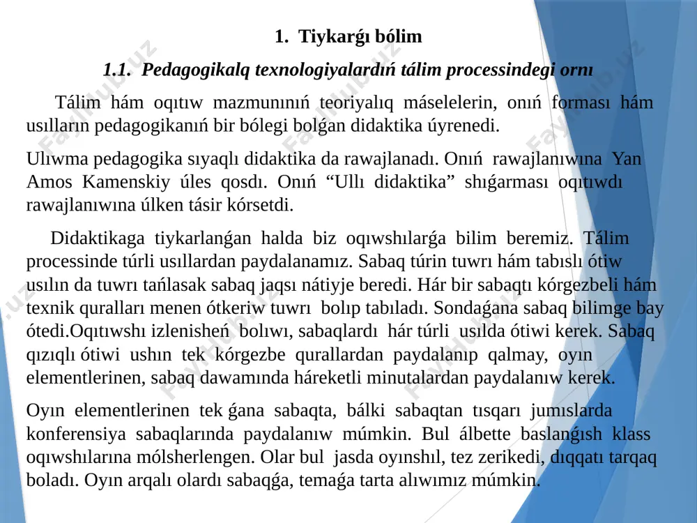 ónimli paydalanıladı. bunda mısal ushın, hár bir fizika oqıtıwshısı "fizika sabaǵında ximiya", "fizika sabaǵında matematika", "fizika sabaǵında informatika" hám t.b. ústinde bas qatırıwı zárúr boladı. fizika sabaqlarında másele sheshiw processinde pánler aralıq integraciyaǵa itibar beriw oqıwshılar tárepinen dástúr materialın keń hám tereń ózlestiriwge, qubılıs hám processler arasındaǵı baylanıs sebebi, nátiyjelerdi ámeliy jaqtan ózlestiriw imkanın beredi. bilimlendiriwde innovaciyalardın` tiykarg`ı tu`rlerii kishi toparlarda islew– bul tiykarınan ayrıqsha máselelr boyınsha óz pikirin islep shıqqan halda onı toparda dodalawǵa hám hár qıylı pikirler tiykarında juwmaqqa keliwge úyretedi. aqlıy hújjim (breynstroming-aqıllar tozańı) – bul klasstaǵı hár bir oqıwshı qoyǵan soraw yamasa mashqala boyınsha aqıldı isletip óz pikrin bayan etiwge imkaniyat beriwshi oqıw usılı. usıl áhmiyeti "bir bas – jaqsı, jigirma bes bas onnan da jaqsı" princip boyınsha oqıtıwshı tárepinen belgilengen mashqala yamasa soraw boyınsha durıs degen juwaplar variantların bir jerge toplap, bilim alıwshılardıń durıs juwabı úyreniledi. debatlar – usılı óz kóz-qarasın tiykarlawda klastaǵı barlıq oqıwshılardıń …