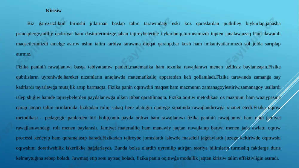 ytıp jerge túsedi. endi bunday qozǵalıstı tallap kóreyik. bizdi deneniń qanday tezleniw menen qozǵalatuǵınlıǵı qızıqtıradı. dene joqarıǵa tik ılaqtırılǵanda, ol teń ólshewli ásteleniwshi qozǵaladı. bul jaǵdayda deneniń erkin túsiw tezleniwi g nıń ornına onıń teris mánisi – g alınadı. bunda υ = + gt formulasınan paydalanıp, joqarı tik ılaqtırılǵan deneniń qálegen t waqıttaǵı tezligi tómendegishe tabıladı: joqarıǵa tik ılaqtırılǵan dene qansha waqıt joqarıǵa kóterilse, sonday waqıtta tómenge qaytıp túsedi. dene qanday tezlik penen joqarıǵa tik ılaqtırılǵan bolsa, ol qaytıp túsiwde, ılaqtırılǵan noqatqa jetkeninde tap sonday tezlikke erisedi. hawada tik atilg’andene hawanin’ qarsilig’i bolg’ani sebebli maksimal biyiklikke ko’terile almaydi ha’m onin’ qaytib tu’skendegi axirg’i tezligi atilg’an waqitdag’i baslang’ish tezlikden kishi boladi. i.3. tuwrı sızıqlı teń ólshewli ózgermeli qozǵalısta koordinatalarınıń waqıtqa baylanıslı grafikgi deneniń qozǵalısınıń tezligi belgili bolsa, tezliktiń formulasınan onıń qálegen waqıt ishinde basıp ótken jolın tabıw múmkin: s = υ · t teń ólshewli qozǵalatuǵın deneniń basıp ótken jolın tabıw …