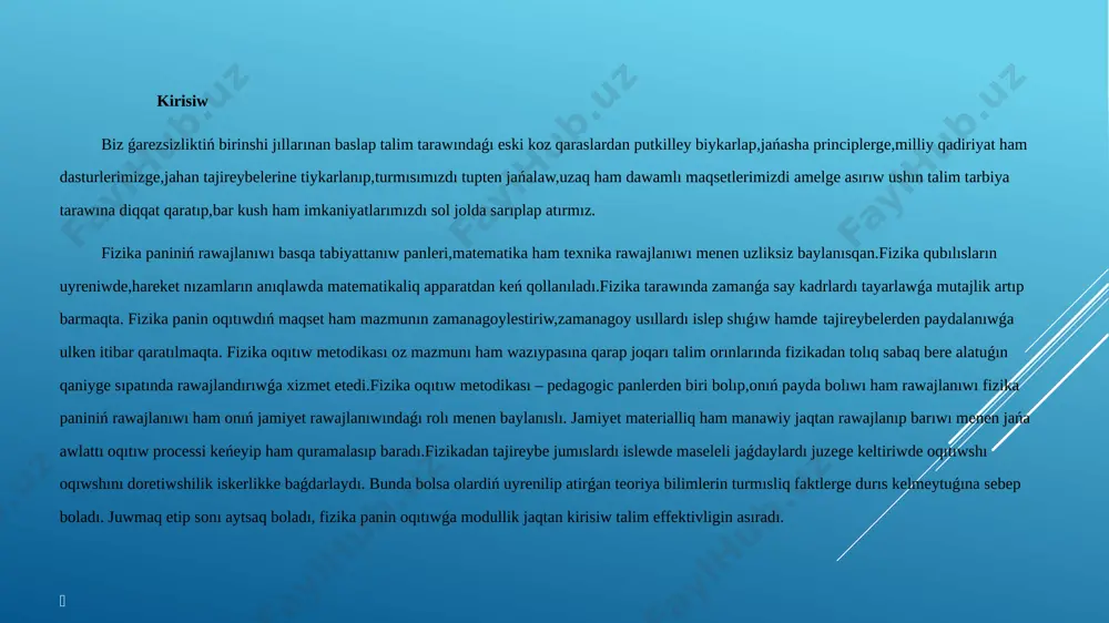 steleniwshi qozǵaladı. bul jaǵdayda deneniń erkin túsiw tezleniwi g nıń ornına onıń teris mánisi – g alınadı. bunda υ = + gt formulasınan paydalanıp, joqarı tik ılaqtırılǵan deneniń qálegen t waqıttaǵı tezligi tómendegishe tabıladı: joqarıǵa tik ılaqtırılǵan dene qansha waqıt joqarıǵa kóterilse, sonday waqıtta tómenge qaytıp túsedi. dene qanday tezlik penen joqarıǵa tik ılaqtırılǵan bolsa, ol qaytıp túsiwde, ılaqtırılǵan noqatqa jetkeninde tap sonday tezlikke erisedi. hawada tik atilg’andene hawanin’ qarsilig’i bolg’ani sebebli maksimal biyiklikke ko’terile almaydi ha’m onin’ qaytib tu’skendegi axirg’i tezligi atilg’an waqitdag’i baslang’ish tezlikden kishi boladi. i.3. tuwrı sızıqlı teń ólshewli ózgermeli qozǵalısta koordinatalarınıń waqıtqa baylanıslı grafikgi deneniń qozǵalısınıń tezligi belgili bolsa, tezliktiń formulasınan onıń qálegen waqıt ishinde basıp ótken jolın tabıw múmkin: s = υ · t teń ólshewli qozǵalatuǵın deneniń basıp ótken jolın tabıw ushın tezlikti usı joldı basıp ótiwge ketken waqıtqa kóbeytiw kerek. mısalı, dene υ = 8 m/s tezlik penen teń ólshewli qozǵalatuǵın bolsa, …