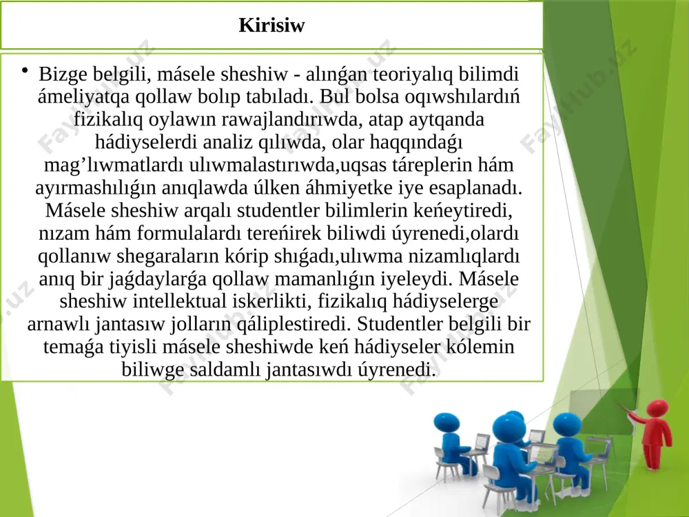 lıq mazmunlı (politexnik ta’lim), tariyxıy mazmunlı (tárbiyalıq), qızıqlı mazmunlı (qızıǵıwshılıqtı oyatıwshı) máselelerge bo’linedi. ápiwayı másele sheshiw degende onı sheshiw waqtında bir-eki formula isletiletuǵın, bir-eki juwmaq shiǵarılatuǵın, formulanıń mazmunı, ápiwayı tájiriybeni orınlawǵa mólsherlengen máseleler túsiniledi. quramalı máseleler - onı sheshiw waqtında bir neshe fizikalıq nizamlıqlar qollanılatuǵın, fizikanın’ túrli bólimlerine tiyisli bilimlerden paydalanılatuǵın, bir neshe juwmaqlar shıǵarılatuǵın, tájiriybeni orınlawda jeterli ilmiy tájriybege iyelewdi talap etetuǵın máseleler bolıp tabıladı. bul máseleler mashqalalı jaǵday ónim qılıwdı hám jańa elementlerdi óz ishine alıwı kerek. sapa máselelerdiń mánisi sonda, olar hádiyselerdiń fizikalıq mánisin ashıp beriwge qaratılǵan boladı. fizikalıq nızamlarǵa, fizikalıq formulalarǵa tayanǵan túrde logikalıq pikirlew arqalı sheshiletuǵın máseleler sapa máseleler dep ataladı. bunday tu’rdegi máselelerde esaplawlar atqarılmaydı. sapa máselelerdiń metodikalıq abzallıqları ko'p bolıp tabıladı. fizikalıq nızamlarǵa tiykarlanǵan, logikalıq juwmaqlar shıǵarıwdan ibarat bolǵan máselelerdi sheshiw metodı, pikirlewdiń ájayıp mektep esaplanadı. sapa máseleler fizikalıq qubılıslar hám olardıń nızamlıqların anıq túsindirip beredi. kóp oqıtıwshılar fizikalıq hádiyselerdi turmısqa ámeliy qollanılıwında …