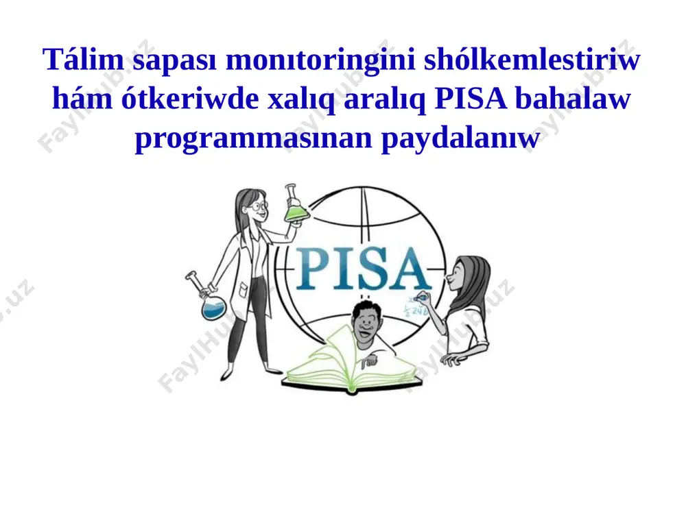ıl 2006 jıl 2003 jıl 2012 jıl 2015 jıl 72 ta pisa testlerinde qatnasıw jetip atırǵan mámleketlikler sanı barǵan sayın artıp barıp atır. 2018 jıl 78 ta 32 ta 43 ta 57 ta 74 ta 65 ta pisa da oqıwshılardıń bilim sapası monıtoringi 5 jónelis boyınsha anıqlanadı. *túsindirme: ózbekstan 2021-jılda 3 (oqıw sawatlı adamlıǵı, matematikalıq sawatlılıq, tábiy-ilimiy sawatlılıq ) jónelis boyınsha qatnasıwı etiwi názerde tutılmaqta. izertlew baǵdarları *oqıw sawatlı adamlıǵı kompyuter sawatlı adamlıǵı *tábiy-ilimiy sawatlılıq *matematik sawatlılıq finanslıq sawatlılıq 2015-jılda ótkerilgen izertlew nátiyjeleri (oqıw sawatlılıg’ı baǵdarı ) orin ma’mleket ortasha ball 1 singapur 535 2 gonkong (xitay) 527 3 kanada 527 4 finlandiya 526 5 irlandiya 521 6 estoniya 519 7 qubla koreya 517 8 yaponiya 516 9 norvegiya 503 10 jan’a zellandiya 501 derek : http://www.oecd.org/pisa/ 2015-jılda ótkerilgen izertlew nátiyjeleri (matematikalıq sawatlılıq baǵdarı ) orın ma’mleket ortasha ball 1 singapur 564 2 gonkong (xitay) 548 3 makao (xitay) 544 …