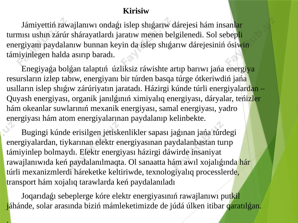 aqta. bunday stanciyalarda uran yadrosınıń bóleklerge bóliniwi nátiyjesinde payda bolıwshı energiya aldın ala gaz yaki puwdıń jıllılıq energiyasına hám keyin elektr energiyasına aylandıradı. uran yadrosınıń bóliniwi onı neytronlar jardeminde bombardirovka qılıw nátiyjesinde ámelge asırılıp, payda bolıwshı túrlishe massalı yadro bólekleri, neytronlar hám basqa bólekleniwshi deneler hár tárepke júda úlken tezlikte atıladı hám úlken kinetik energiyaǵa iye boladı. yadronıń bólekleniwinde payda bolıwshı energiya derlik tolıq jıllılıq energiyasına aylantırıladı. basqarılatuǵın yadro shınjır reakciyası júz beretuǵın qurılma yadro reaktorı dep ataladı. yadro reaktorı. insaniyat ushın shınjır reakciyasın ámelge asırıw emes, al bólinip shıǵatuǵın energiyadan paydalanıw ushın onı basqarıw ayrısha áhmiyetke iye. awır yadrolardıń bóliniw shınjır reakciyasın ámelge asırıw hám basqarıw imkaniyatın beretuǵın qurılma yadro reaktorı delinedi. birinshi yadro reaktorı 1942-jılı e. fermi basshılıǵında chikago universiteti qasında qurılǵan. janılǵı sıpatında 5% ke shekem uran–235 penen bayıtılǵan tábiyi urannan paydalanatuǵın bul reaktordıń sxeması 2-súwrette kórsetilgen. uran–235 yadrosında shınjır reakciyasın rawajlandırıw ıssı neytronlar járdeminde ǵana ámelge …