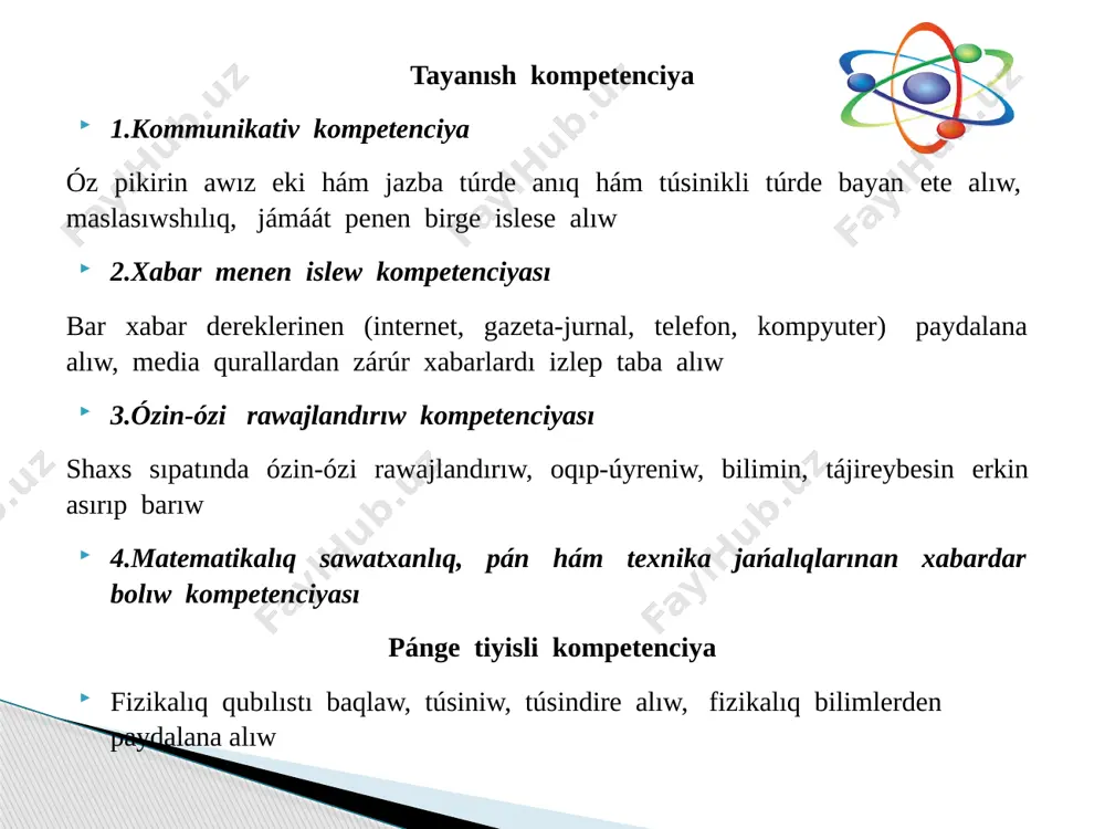 tikalıq qáddidegi energiyası tómendegishe anıqlanadı: = bordıń ekinshi postulatı boyınsha, elektron bir energetikalıq qáddiden ekinshisine ótkende energiyalı foton shıǵarıladı yaki jutıladı. = - ) shıǵarılatuǵın yamasa jutılatuǵın fotonnıńjiyiligin yaki tolqın uzınlıǵın anıqlaw múmkin: ν= - ) bul balmer formulası bolıp, r= - ridberg turaqlısı bekkemlew klass oqıwshıların úsh toparǵa bólip alaman.sáykes toparlarǵa tomson, rezerford, bor atamaların beremen. i tapsırma.sorawǵa-juwap 1.tomson toparı bordıń postulatların túsindiriń 2.rezerford toparı atomnıń rezerford modeli 3.bor toparı vodorod atomınıń teoriyası bekkemlew ii tapsırma sáykeslikti tabıń ridberg turaqlısı 0,529*m plank turaqlısı 3,29 · hz bor radiusı 6,63*dj*s bekkemlew iii tapsırma skanvord sheshiw úyge tapsırma 1.temanı oqıw. 2.hár bir topar aǵzaları óz toparınıń atı qoyılǵan ilimpaz haqqında maǵlıwmat jazıp keliw. image1.jpeg image2.png image3.png image4.emf № sabaq bólimleri waqtı metod kompetenciya kórgizbe qurallar 1 shólkemlestiriw 2 minut soraw - juwap tk1, tk2, tk3, pk1 kórgizbeli plakat, markerler, bahalaw jetonları, tarqatpa materiallar 2 úyge tapsırma soraw 12 minut soraw - …