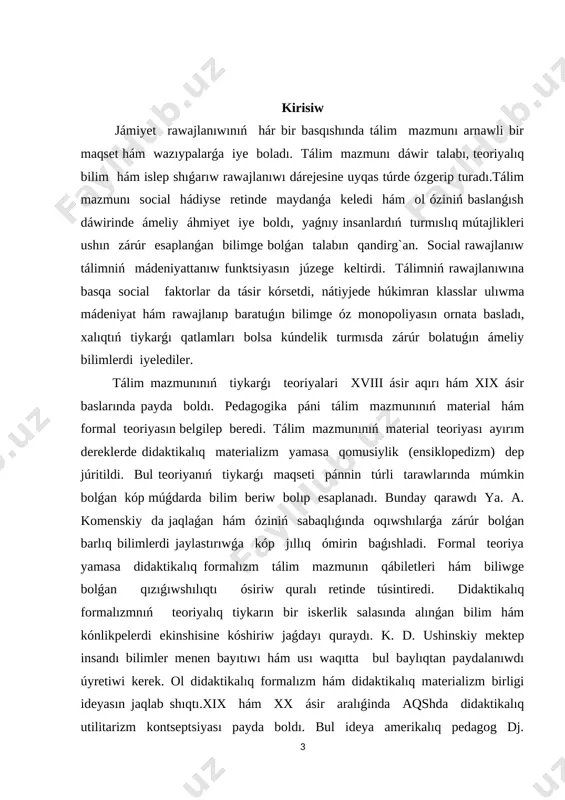 at berildi. oqıw tárbiya processi oqıwshılardıń individual sorawlarına maslastırildi. polshalı alım v. okun funktsional materializm dep atalıwshi tálim mazmunı teoriyasın islep shıqtı. bul teoriyanıń tiykarında bolsa bilimdiń iskerlik menen integral baylanısı qaǵıydası jatar edi. bul teoriyada jámiyettiń tálimge qoyılatuǵın talapları hám oqıwshılardıń individual sorawları birligi sezilib turadı. 50-jıllar ortalarında programmalastirilǵan tálimniń júzege keliwi munasábeti menen tálim mazmunınıń operatsional strukturizatsiya teoriyası islep shıǵıldı. bul teoriya qaysı tárzde oqıtıw kerek degen sorawǵa juwap beriwge qaratılǵan. bul teoriya tárepdarları oqıw pánleri mazmunı hám olar arasındaǵı baylanısıwdı dıqqat penen analiz qılıw zárúr ekenligin uqtiradi. bul analiz programmalastirilıp atırǵan tekstti aldınan anıq hám konkret belgilew imkaniyatın beredi. izertlew áhmiyetligi sonda oqıtıwshı birinshi sabaqtan aq oyınlı usıllar hám de qurallar menen alıp barsa klassta otırǵan oqıwshılardıń yadında uzaq waqıt kóterilmeytuǵın dárejede qaladı, hám de qaysı waqıtta soralsa da sol juwap beriwge háreket etedi. 1. tiykarǵı bólim 1.1. pedagogikalq texnologiyalardıń tálim processindegi ornı tálim hám oqıtıw mazmunınıń …