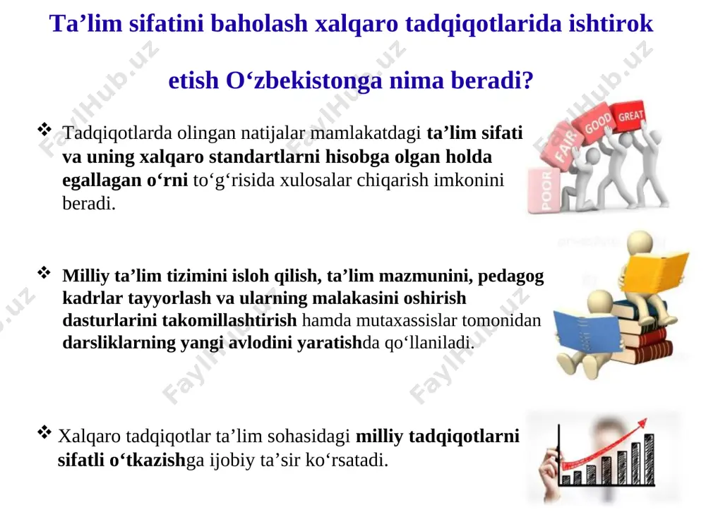 makao (xitoy) 529 7 kanada 528 8 vyetnam 525 9 gonkong (xitoy) 523 10 xitoy 518 mo‘ljalimiz: o‘quvchilarimizda xxi asr ko’nikmalarini shakllantirish, raqobatbardosh kadrlarni tayyorlash uchun mustahkam zamin yaratish. buning uchun nimalarni amalga oshirdik va yana qanday ishlarni bajarish zarur? 4-bandida: monitoring jarayoni uchun nazorat (testlar, yozma ishlar, so‘rovnoma, og‘zaki savollar, audio(video) materiallarini tayyorlashda ularning umumiy hajmiga nisbatan 20 % gacha o‘quvchilarning psixofiziologik xususiyatlariga mos keladigan, o‘quv dasturi va darsliklardan tashqari, xalqaro tajribalarda (pisa, timss va h.k.) qo‘llanilgan materiallardan foydalanish mumkinligi belgilab qo‘yilgan. o‘zbekiston respublikasi xalq ta’limi vazirining 2017-yil 16-sentabrdagi “2017-2018 o‘quv yilida ta’lim sifati monitoring tizimini yanada takomillashtirish va tashkil etish to‘g‘risida”gi 299-sonli buyrug‘ining 3-band 2-xatboshida: monitoring jarayonini tashkil etish, nazorat materiallari va turlarini ishlab chiqishda ilg‘or xalqaro tajribalar(pisa, timss va h.k.)ni o‘rgangan holda milliy monitoring tizimini takomillashtirish va uning natijalari asosida o‘quv-metodik jarayonni yanada rivojlantirish choralarini ko‘rish 2017-2018 o‘quv yili ta’lim sifati monitoring jarayonida xalqaro baholash dasturlaridan foydalangan …