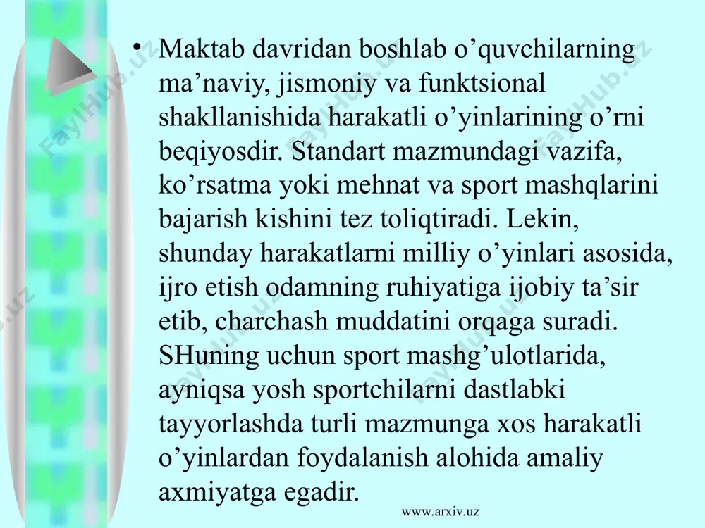 rur. bolalarda harakatli o'yin ijobiy ruhiy kechinmalarni keltirib chiqaradi, ularning harakat faolligini kuchaytiradi. o'yinchilarda shunday asab markazlarini qo'zg'atadiki, ular sinfda o'tkazilgan mashg'ulotda tormozlanib qolganligi hisobga olinadi. bunday asab markazlarini ishlashga o'tishi, o'quvchilarni yaxshi dam olishga va keyingi darslarda o'quv materiallarini engilgina qabul qilishiga imkon beradi. www.arxiv.uz www.arxiv.uz tanaffus vaqtlarida o'tkazilishi tavsiya qilingan o'yinlar bilan jismoniy tarbiya o'qituvchisi, o'qituvchilarni, yetakchilarni o'quvchilarga tanishtiradi. o'quvchilar yozda maktab yonidagi maydonchada, qishda esa yaxshilab shamollatilgan s’ort zalida va keng koridorlarda o'tkaziladi. chunki tanaffus ‘aytida har xil sinflardan o'quvchilar yig'iladilar shuning uchun tanaffusda o'tkaziladigan o'yinlar mazmuni jihatidan juda sodda va har xil yoshdagi o'quvchilarning qo'lidan keladigan hamda qisqa muddatli bo'lishi shart. www.arxiv.uz www.arxiv.uz xulosa darsdan tashqari vaqtlarda quvnoq o’yinlar o’rgatish ularni chinqtirish sog’lom voyaga yetishida har – xil qiziqarli o’yinlar o’tkazish chaqqonlikni oshirish salomatlik sport bayramlarini tashkillash va o’tkazish ochiq havoda turli estafetalar tashkillash va ularni charchatib qo’ymaslik uchun qisqa o’yinlarni o’tkazish. bolalarni chiniqtirish to’g’ri olib …