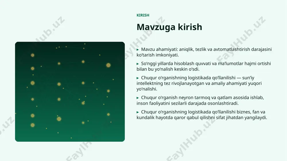 ishi lozim. ▸ tartibga solish va standartlarga rioya etish zarur. misol amaliy misol va natijalar ▸ real loyihalarda chuqur oʻrganish jarayon vaqtini 30–60% qisqartirgan. ▸ logistika korxonalari xarajatlarni sezilarli kamaytirgan. ▸ aniqlik koʻrsatkichlari anʼanaviy usullardan ustun keladi. ▸ mijozlar qoniqishi va xizmat sifati oshgan. ▸ investitsiya qaytimi (roi) qisqa muddatda namoyon boʻladi. afzallik asosiy afzalliklari 46% samaradorlik oshishi 6x tezroq qaror qabul qilish 23% xarajatlar kamayishi 94% yuqori aniqlik darajasi muammo muammolar va cheklovlar texnik chaqiriqlar • sifatli maʼlumot yetishmasligi • yuqori hisoblash xarajatlari • modellarni izohlash qiyinligi • xavfsizlik va barqarorlik tashkiliy chaqiriqlar • malakali mutaxassislar tanqisligi • integratsiya murakkabligi • etik va huquqiy masalalar • oʻzgarishlarga moslashish bozor statistika va bozor tendensiyalari ▸ global ai bozori har yili oʻrtacha 33% oʻsmoqda. ▸ kompaniyalarning 69% aini joriy etishni rejalashtirgan. ▸ investitsiyalar hajmi yildan-yilga rekord darajada ortmoqda. ▸ logistika sohada talab tez oʻsib bormoqda. ▸ ai koʻnikmalariga ega kadrlarga ehtiyoj …