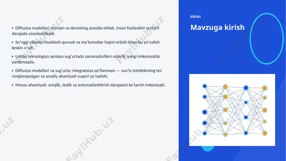 orligi oshadi. ▪ sugʻurta sohalarda chuqurroq integratsiya kutilmoqda. ▪ shaxsiylashtirilgan va mahalliy yechimlar koʻpayadi. ▪ inson–ai hamkorligi yangi bosqichga oʻtadi. xulosa xulosa va tavsiyalar ▪ diffuziya modellari va sugʻurta: integratsiya qo'llanmasi — bugungi va ertangi kunning hal qiluvchi texnologiyasi. ▪ maʼlumot sifati va etik yondashuv muvaffaqiyat kaliti. ▪ bosqichma-bosqich joriy etish xavfni kamaytiradi. ▪ kadrlar malakasini oshirishga investitsiya zarur. ▪ doimiy monitoring va takomillashtirish talab etiladi. eʼtiboringiz uchun rahmat! diffuziya modellari va sugʻurta: integratsiya qo'llanmasi savollar & muhokama image1.jpg image2.jpg image3.jpg image4.jpg image5.jpg image6.jpg image7.jpg image8.jpg image9.jpg image10.jpg image11.jpg image12.jpg image13.jpg