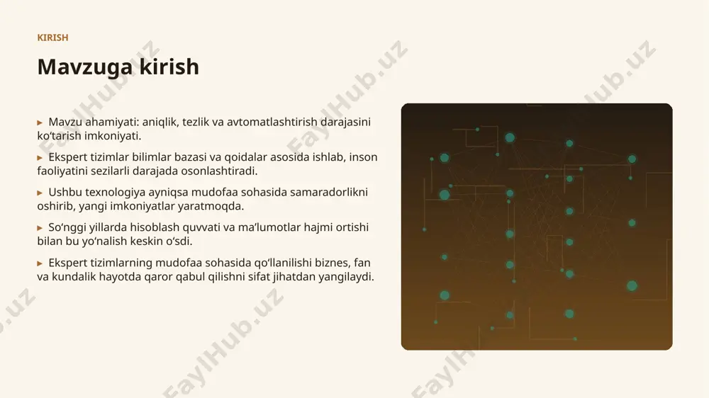 igi • xavfsizlik va barqarorlik tashkiliy chaqiriqlar • malakali mutaxassislar tanqisligi • integratsiya murakkabligi • etik va huquqiy masalalar • oʻzgarishlarga moslashish bozor statistika va bozor tendensiyalari ▸ global ai bozori har yili oʻrtacha 26% oʻsmoqda. ▸ kompaniyalarning 74% aini joriy etishni rejalashtirgan. ▸ investitsiyalar hajmi yildan-yilga rekord darajada ortmoqda. ▸ mudofaa sohada talab tez oʻsib bormoqda. ▸ ai koʻnikmalariga ega kadrlarga ehtiyoj keskin yuqori. kelajak kelajak istiqbollari ▸ multimodal va agentlik tizimlar keng tarqaladi. ▸ modellar samaradorligi va energiya tejamkorligi oshadi. ▸ mudofaa sohalarda chuqurroq integratsiya kutilmoqda. ▸ shaxsiylashtirilgan va mahalliy yechimlar koʻpayadi. ▸ inson–ai hamkorligi yangi bosqichga oʻtadi. xulosa xulosa va tavsiyalar ▸ ekspert tizimlarning mudofaa sohasida qoʻllanilishi — bugungi va ertangi kunning hal qiluvchi texnologiyasi. ▸ maʼlumot sifati va etik yondashuv muvaffaqiyat kaliti. ▸ bosqichma-bosqich joriy etish xavfni kamaytiradi. ▸ kadrlar malakasini oshirishga investitsiya zarur. ▸ doimiy monitoring va takomillashtirish talab etiladi. eʼtiboringiz uchun rahmat! ekspert tizimlarning …
