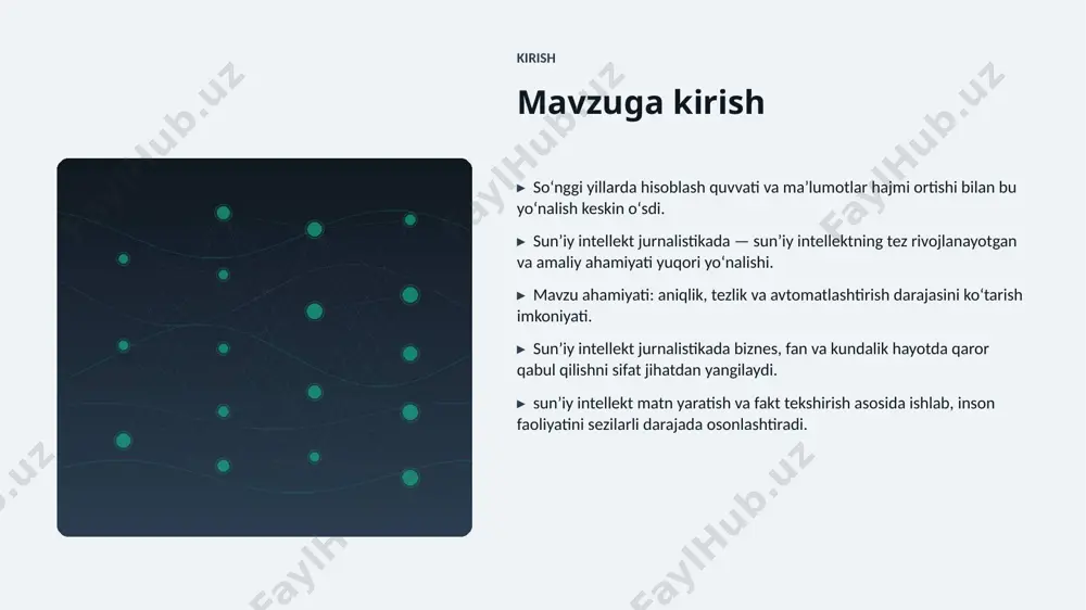 % oʻsmoqda. ▸ kompaniyalarning 58% aini joriy etishni rejalashtirgan. ▸ investitsiyalar hajmi yildan-yilga rekord darajada ortmoqda. ▸ jurnalistika sohada talab tez oʻsib bormoqda. ▸ ai koʻnikmalariga ega kadrlarga ehtiyoj keskin yuqori. kelajak kelajak istiqbollari ▸ multimodal va agentlik tizimlar keng tarqaladi. ▸ modellar samaradorligi va energiya tejamkorligi oshadi. ▸ jurnalistika sohalarda chuqurroq integratsiya kutilmoqda. ▸ shaxsiylashtirilgan va mahalliy yechimlar koʻpayadi. ▸ inson–ai hamkorligi yangi bosqichga oʻtadi. xulosa xulosa va tavsiyalar ▸ sunʼiy intellekt jurnalistikada — bugungi va ertangi kunning hal qiluvchi texnologiyasi. ▸ maʼlumot sifati va etik yondashuv muvaffaqiyat kaliti. ▸ bosqichma-bosqich joriy etish xavfni kamaytiradi. ▸ kadrlar malakasini oshirishga investitsiya zarur. ▸ doimiy monitoring va takomillashtirish talab etiladi. eʼtiboringiz uchun rahmat! sunʼiy intellekt jurnalistikada savollar & muhokama image1.jpg image2.jpg image3.jpg image4.jpg image5.jpg image6.jpg image7.jpg image8.jpg image9.jpg image10.jpg image11.jpg image12.jpg image13.jpg image14.jpg image15.jpg image16.jpg